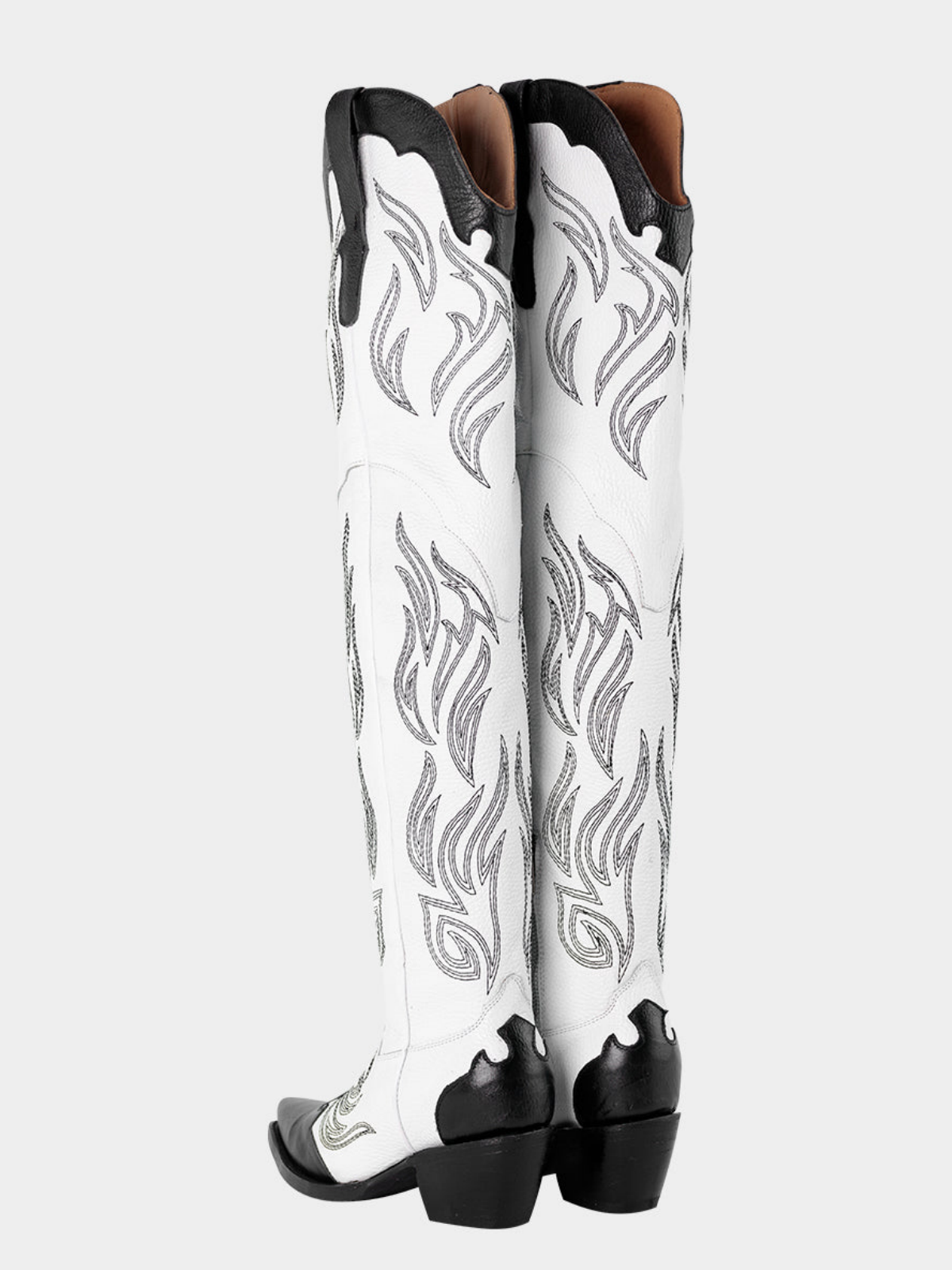 Contrast White And Black Snip-Toe Embroidery Wide Calf Over-The-Knee Western Boots