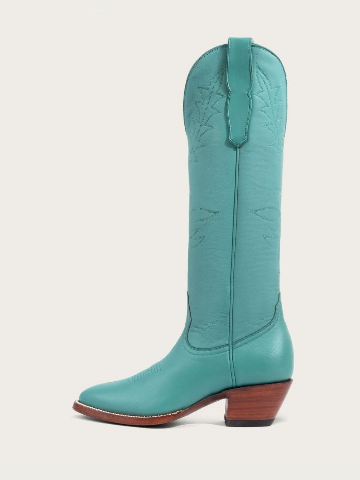 Turquoise Vegan Leather Embroidery Almond-Toe Wide Mid Calf Tall Cowgirl Boots