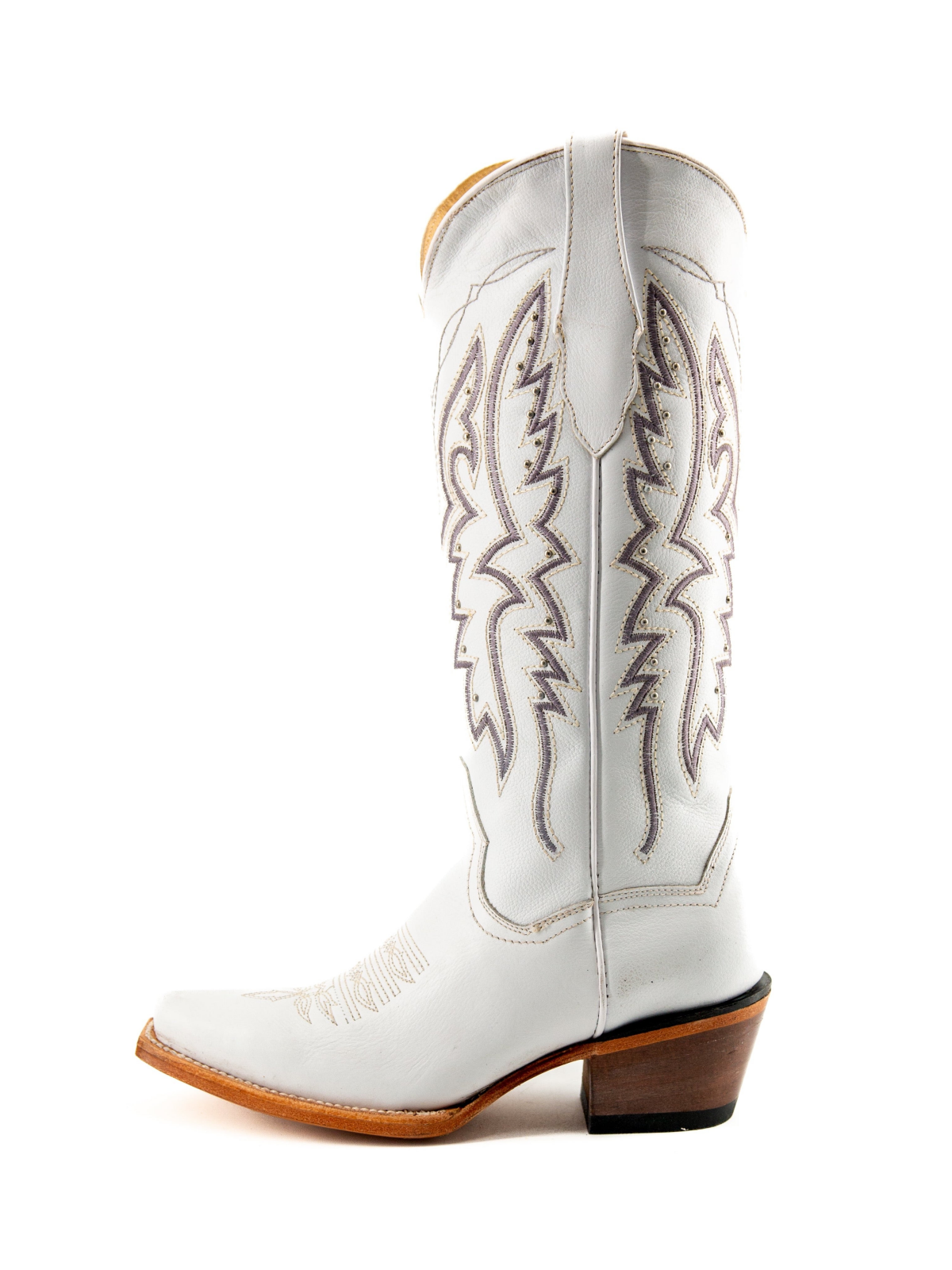 White Studded Embroidery Snip-Toe Wide Mid Calf Cowgirl Boots