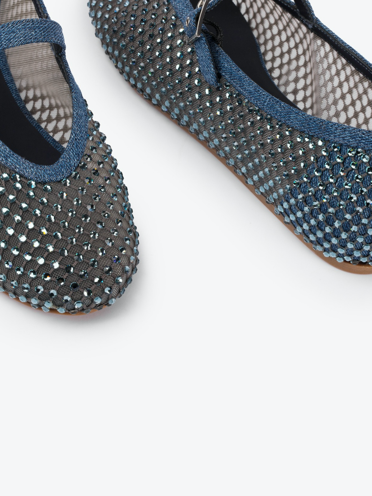 Denim Blue Rhinestone Fishnet Round-Toe Ballet Flats Mary Janes