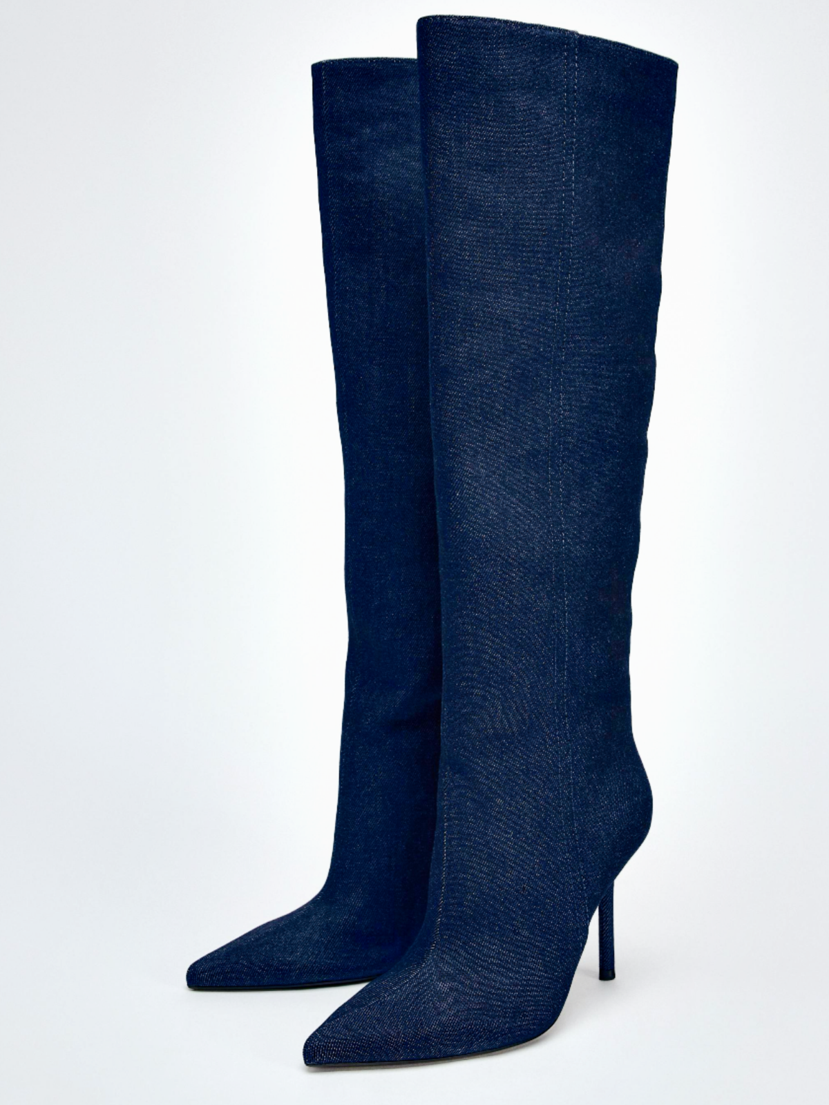 Blue Denim Pointed-Toe Wide Mid Calf Stiletto Boots