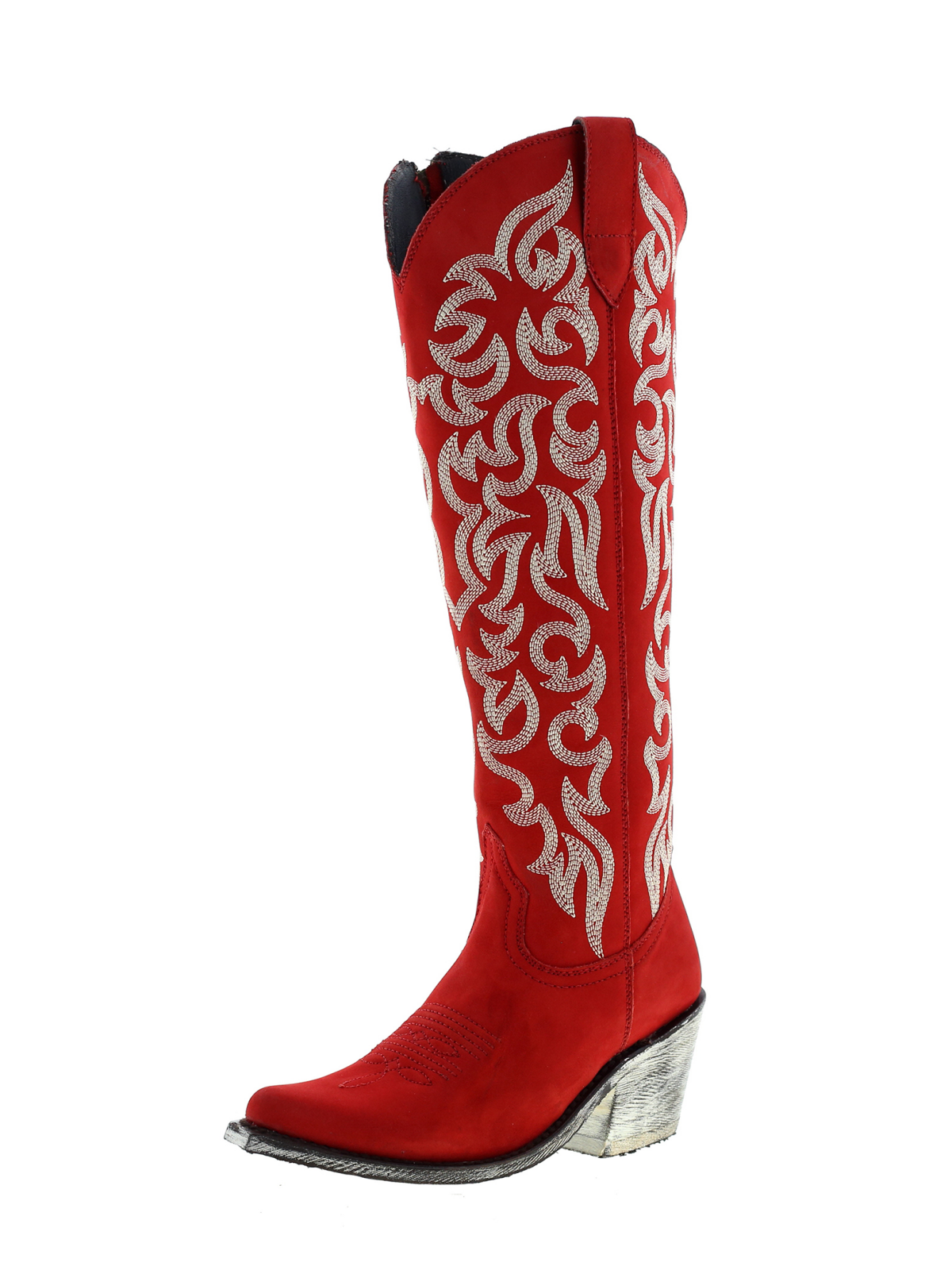 Embroidery Almond-Toe Full-Zip Knee High Tall Cowgirl Boots - Red