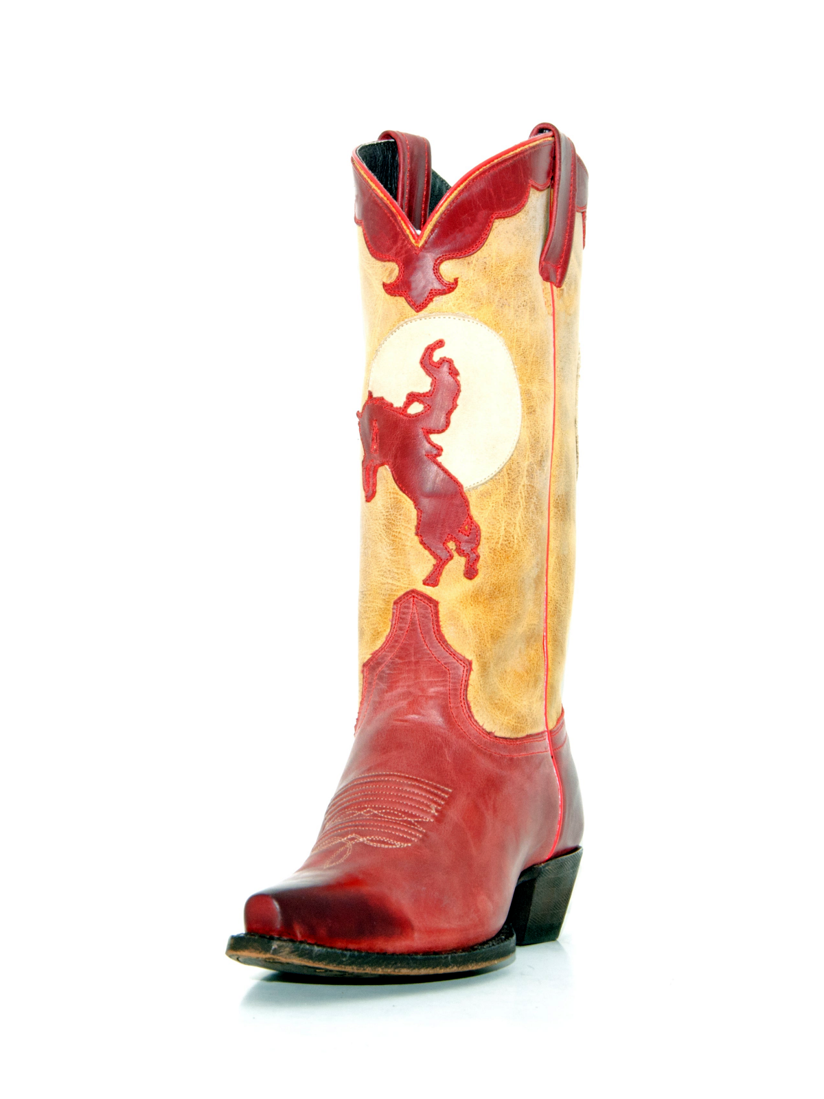 Distressed Contrast Red And Tan Snip-Toe Cowboy Applique Wide Mid Calf Cowgirl Boots