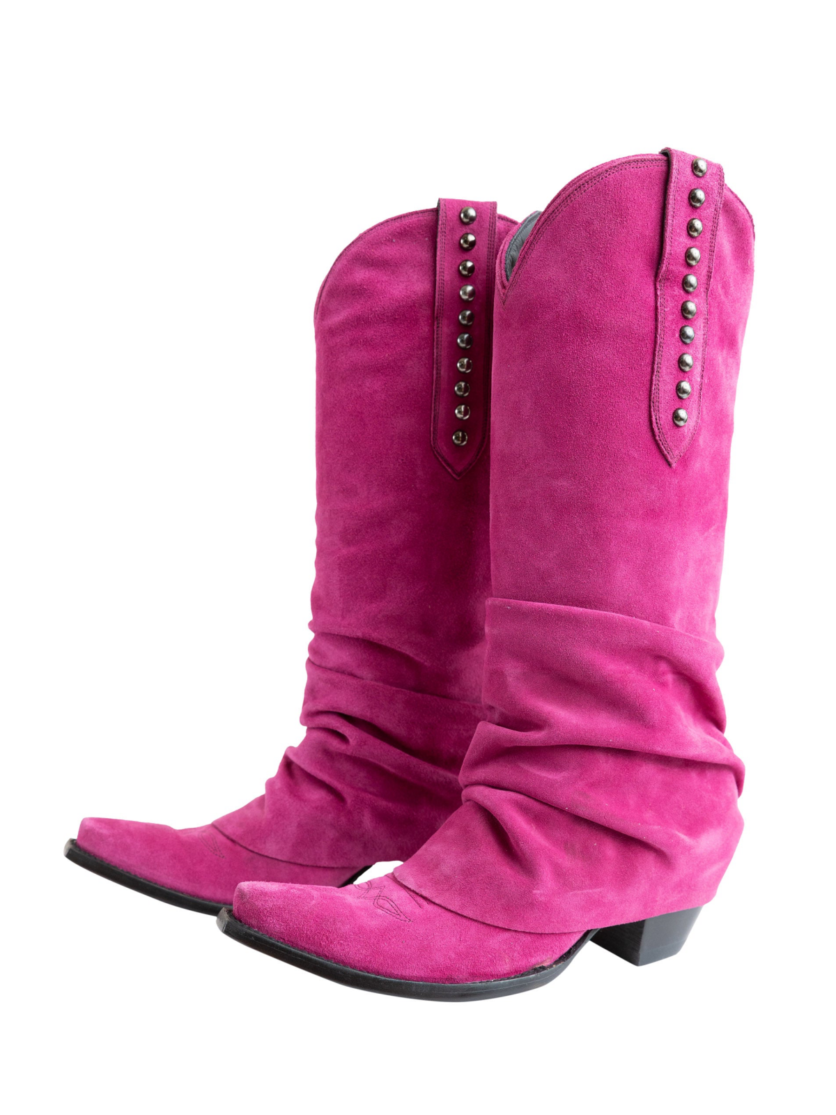 Pink Faux Suede Snip-Toe Studded Tall Wide Mid Calf Fold-Over Slouch Cowgirl Boots