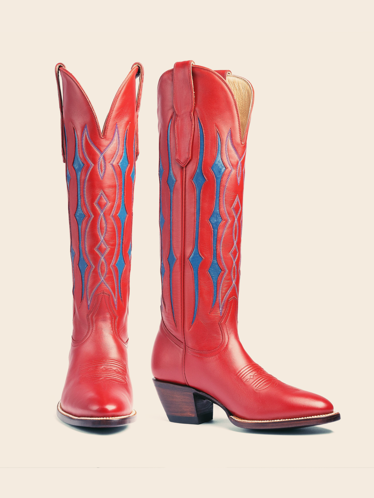 Red Contrast Inlay Stitch Almond-Toe Wide Mid Calf Western Cowgirl Boots