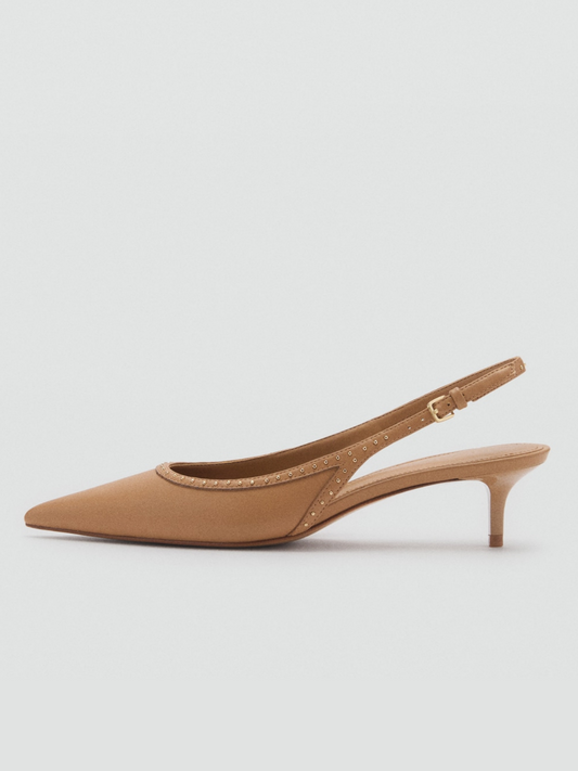 Brown Pointed-Toe Small Studded Kitten Heels With Slingback