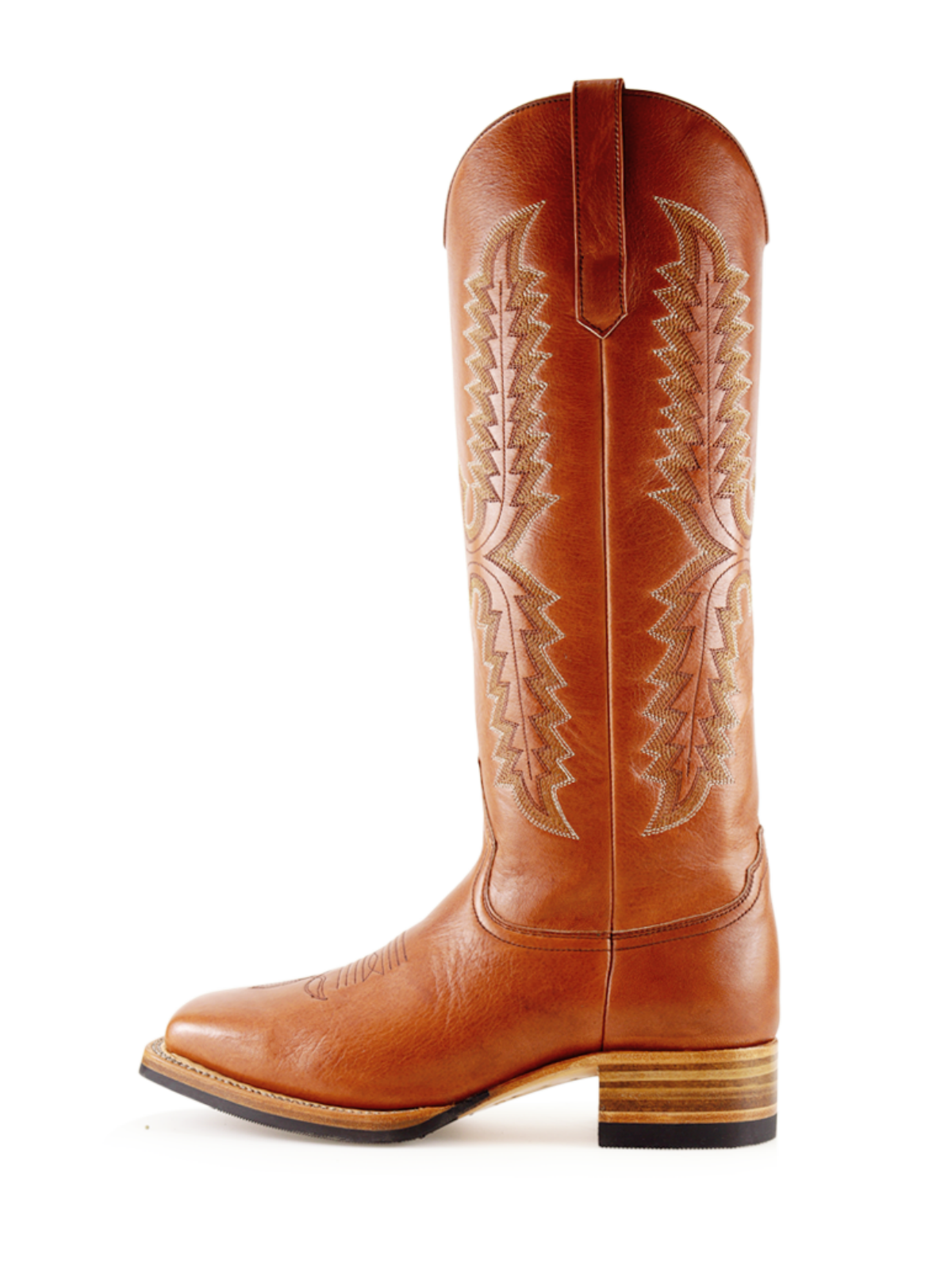 Cognac Embroidery Square-Toe Wide Mid Calf Tall Cowgirl Boots