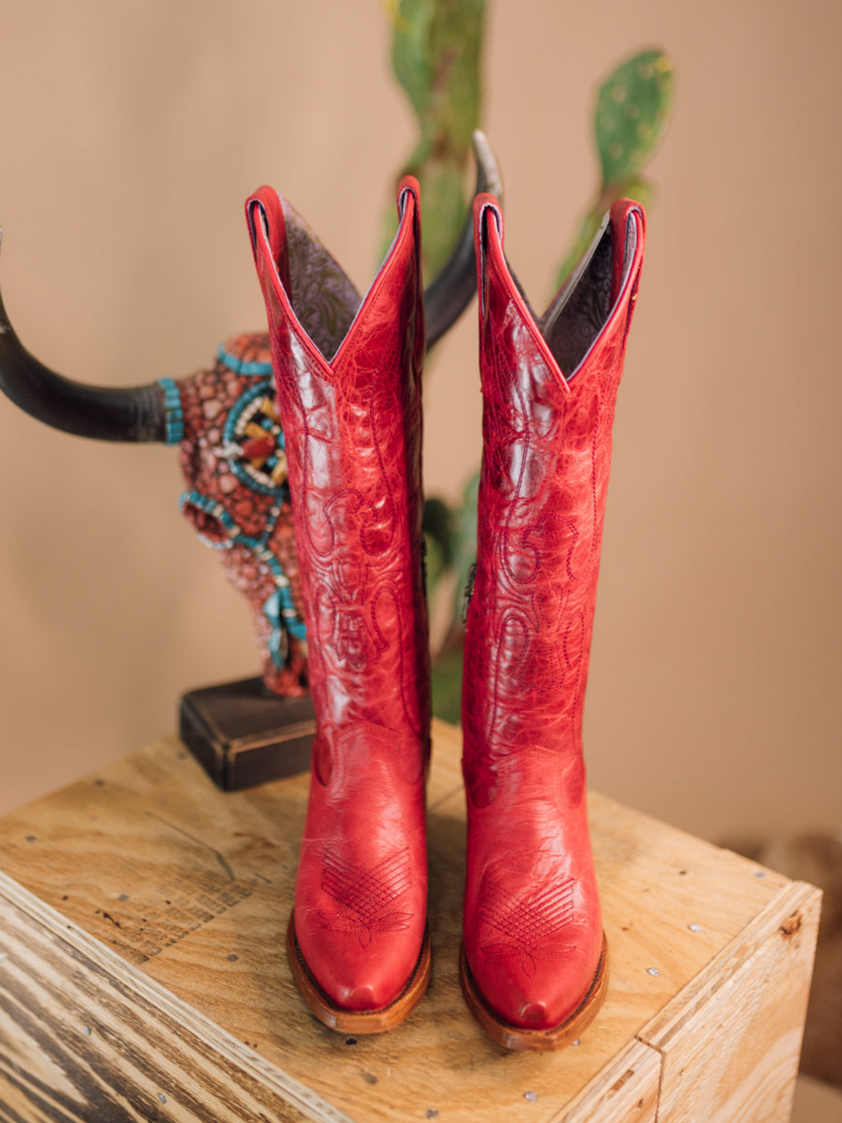 Distressed Red Eagle Embroidery Snip-Toe Half-Zip Cowgirl Knee High Tall Boots