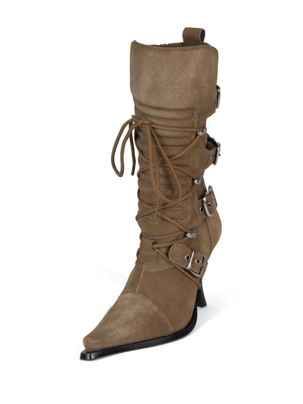 Dark Khaki Full-Zip Lace-Up Mid Calf Moto-Inspired Stiletto Boots With Buckles