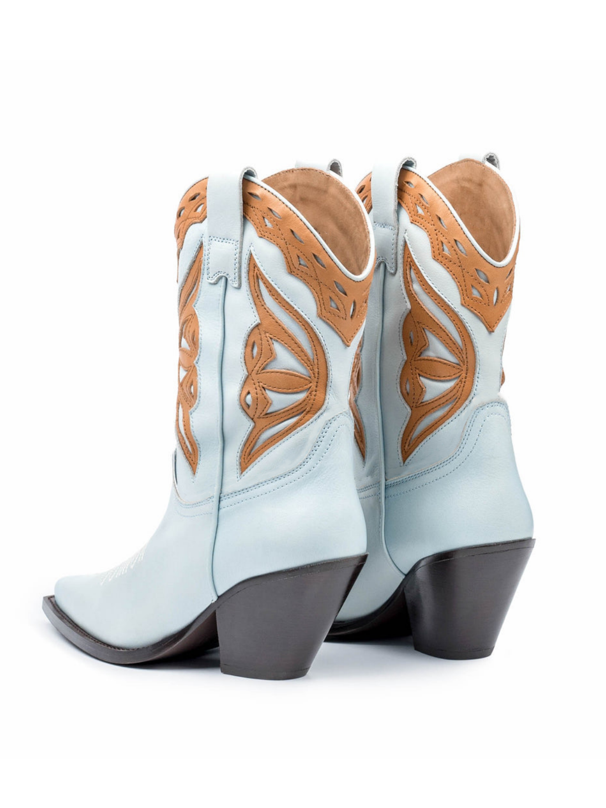 Light Blue Pointed-Toe Brown Inlay Applique Wide Mid Calf Cowgirl Boots