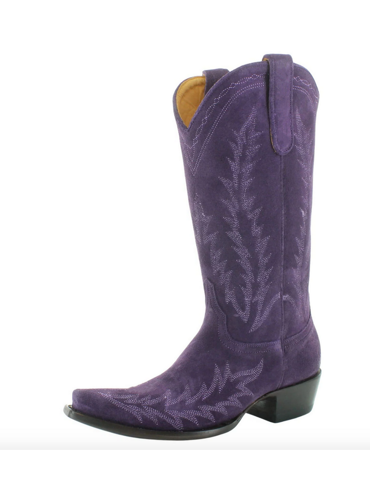 Purple Faux Suede Embroidery Snip-Toe Wide Mid Calf Tall Western Boots