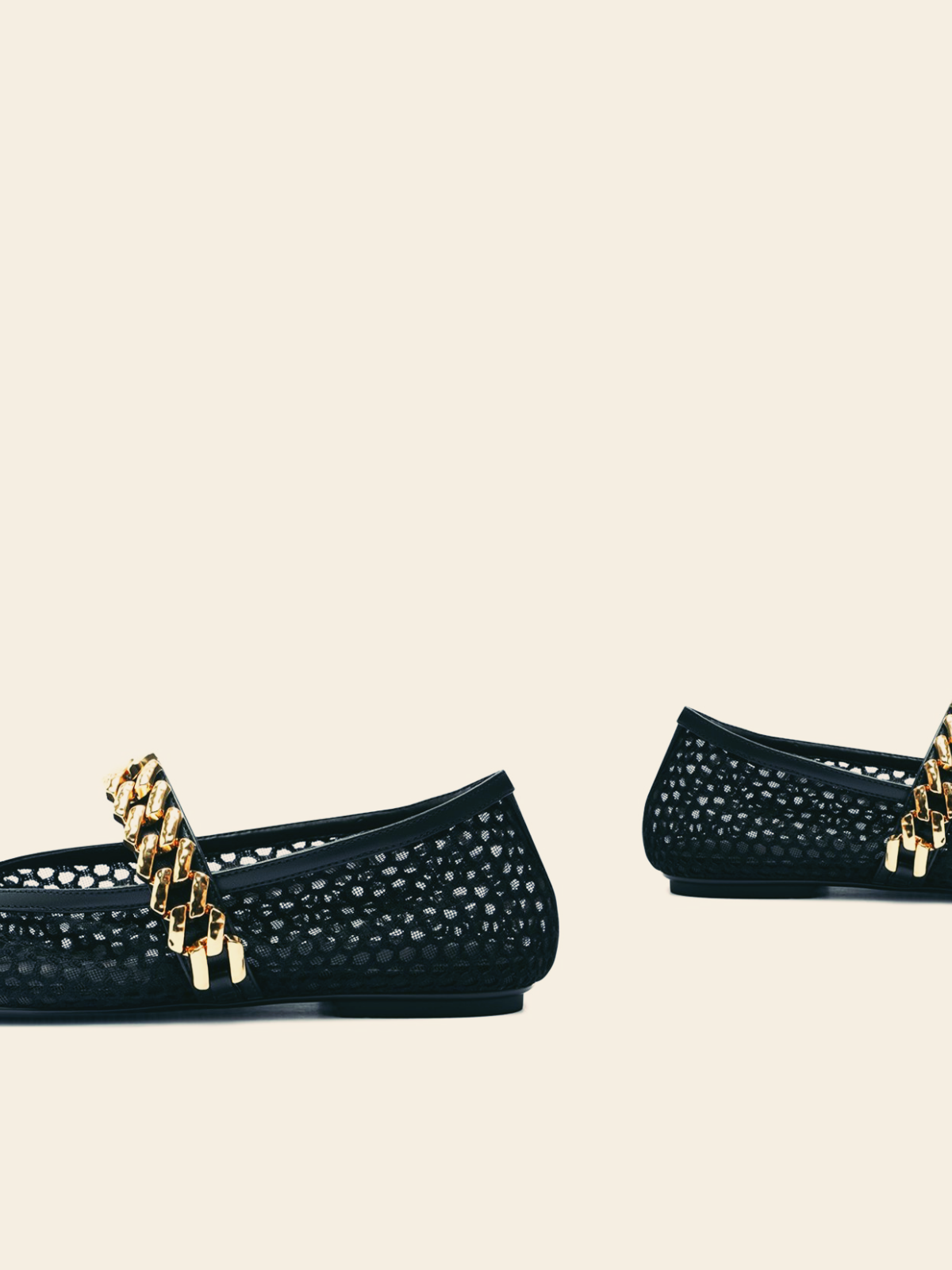 Black Fishnet Round Toe Flats Mary Janes With Gold Chain Strap