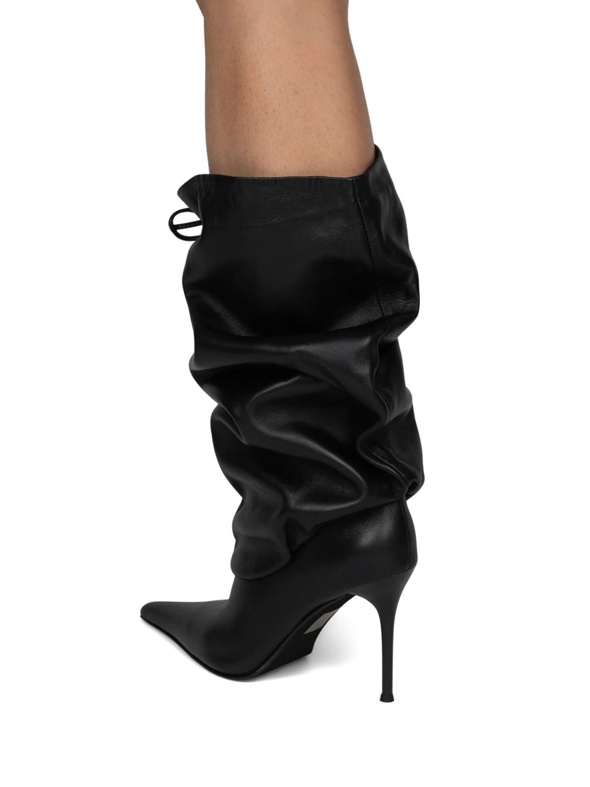 Black Pointed-Toe Slouchy Wide Mid Calf Stiletto Boots With Drawstring