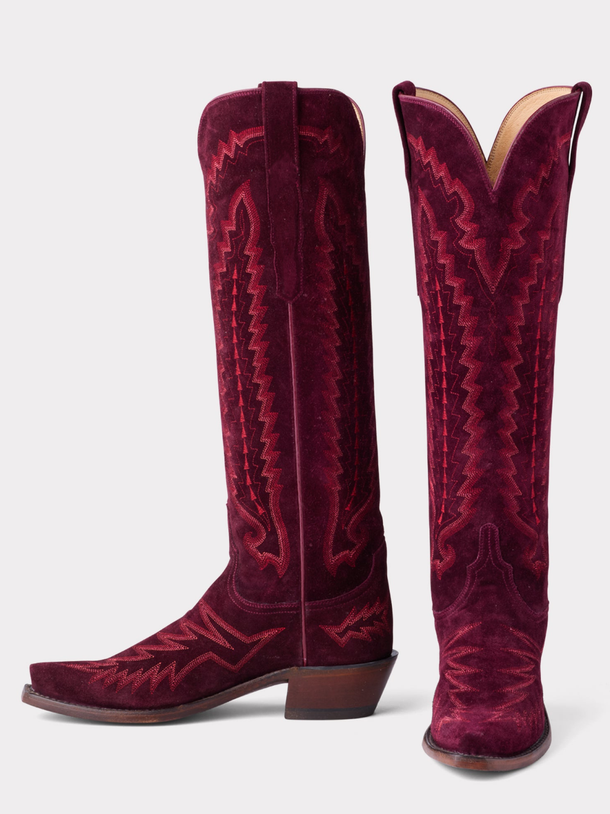 Wine Red Faux Suede Snip-Toe Western Embroidery Wide Calf Tall Knee High Cowgirl Boots