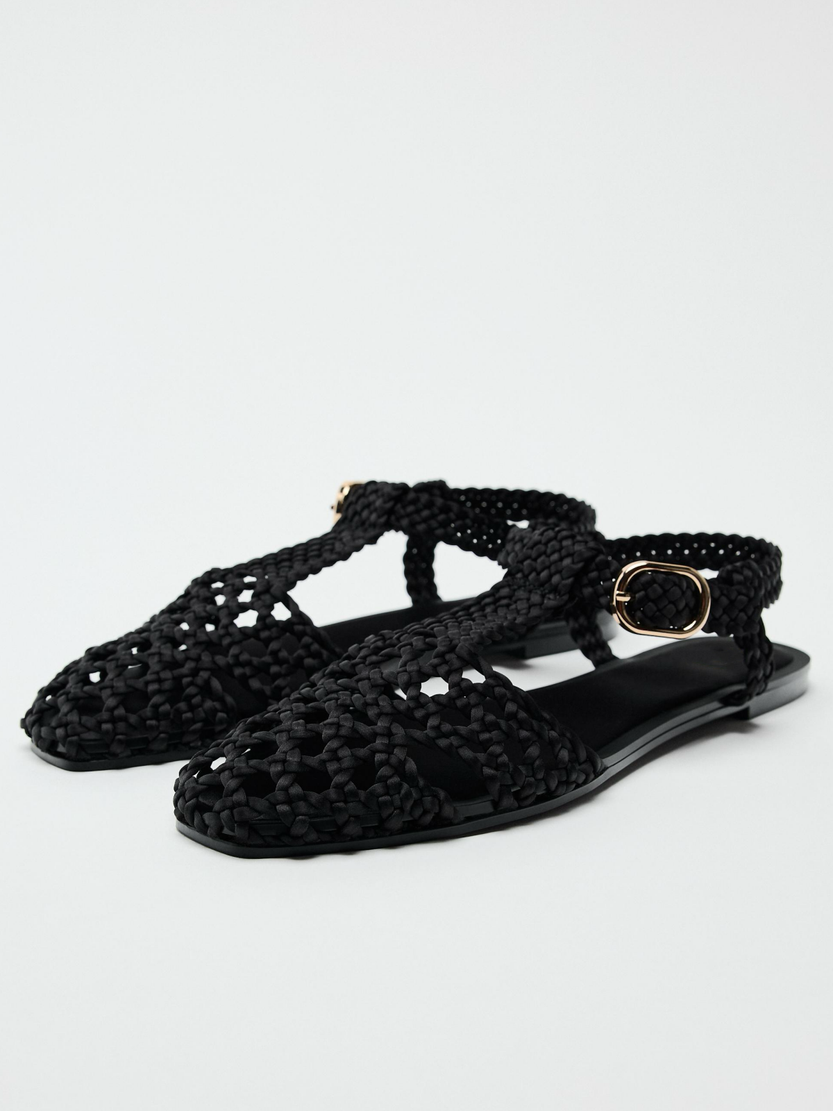 Black Round-Toe Hand Knitting Buckled Ankle Strap Woven Flat Cage Sandals