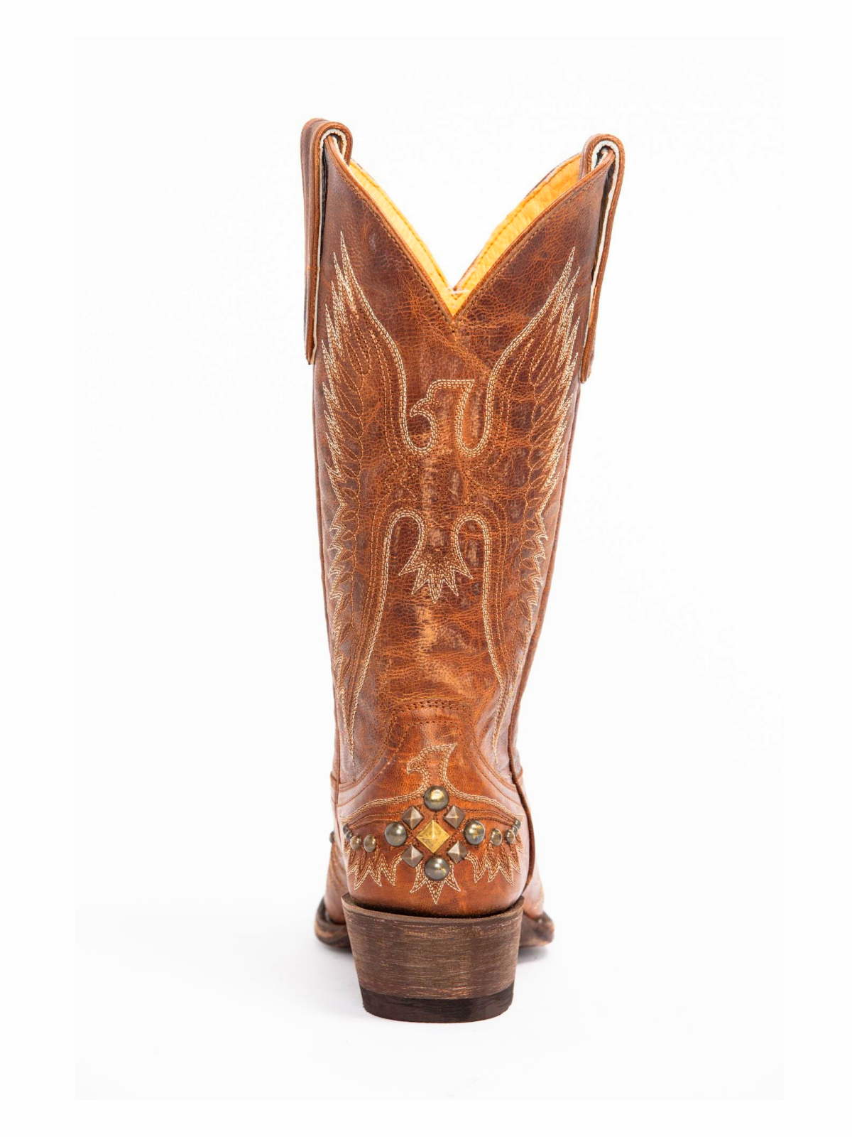 Distressed Brown Snip-Toe Studded Eagle Embroidery Wide Mid Calf Tall Cowgirl Boots