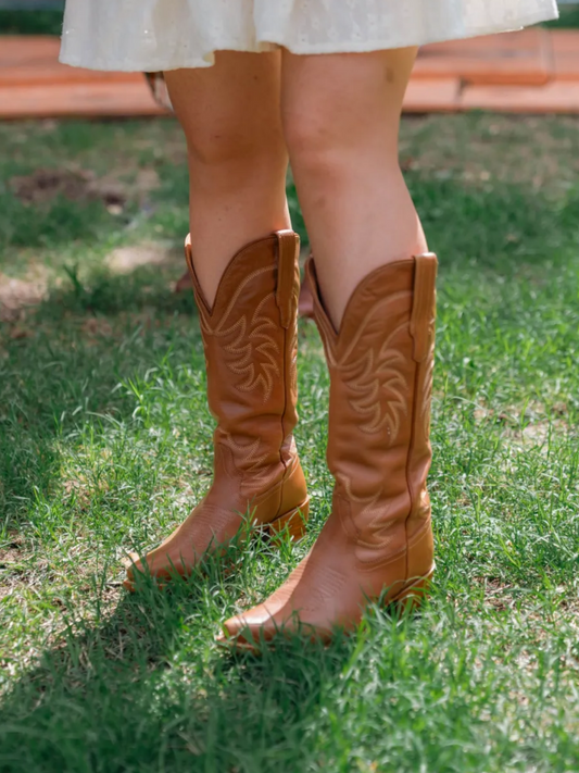 Caramel Snip-Toe Embroidery Tall Wide Mid Calf Cowgirl Boots