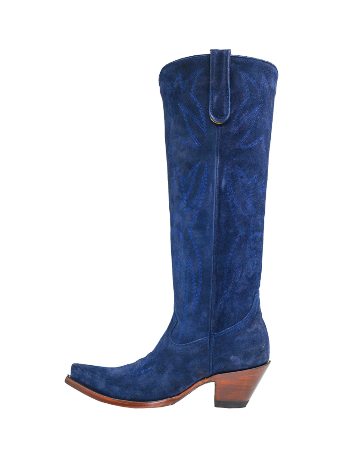 Navy Blue Embroidery Faux Suede Snip-Toe Wide Calf Cowgirl Boots Knee High Tall Boots