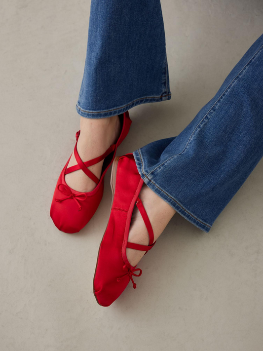 Satin Red Bow Ballerina Flats With Crossed Buckled Strap