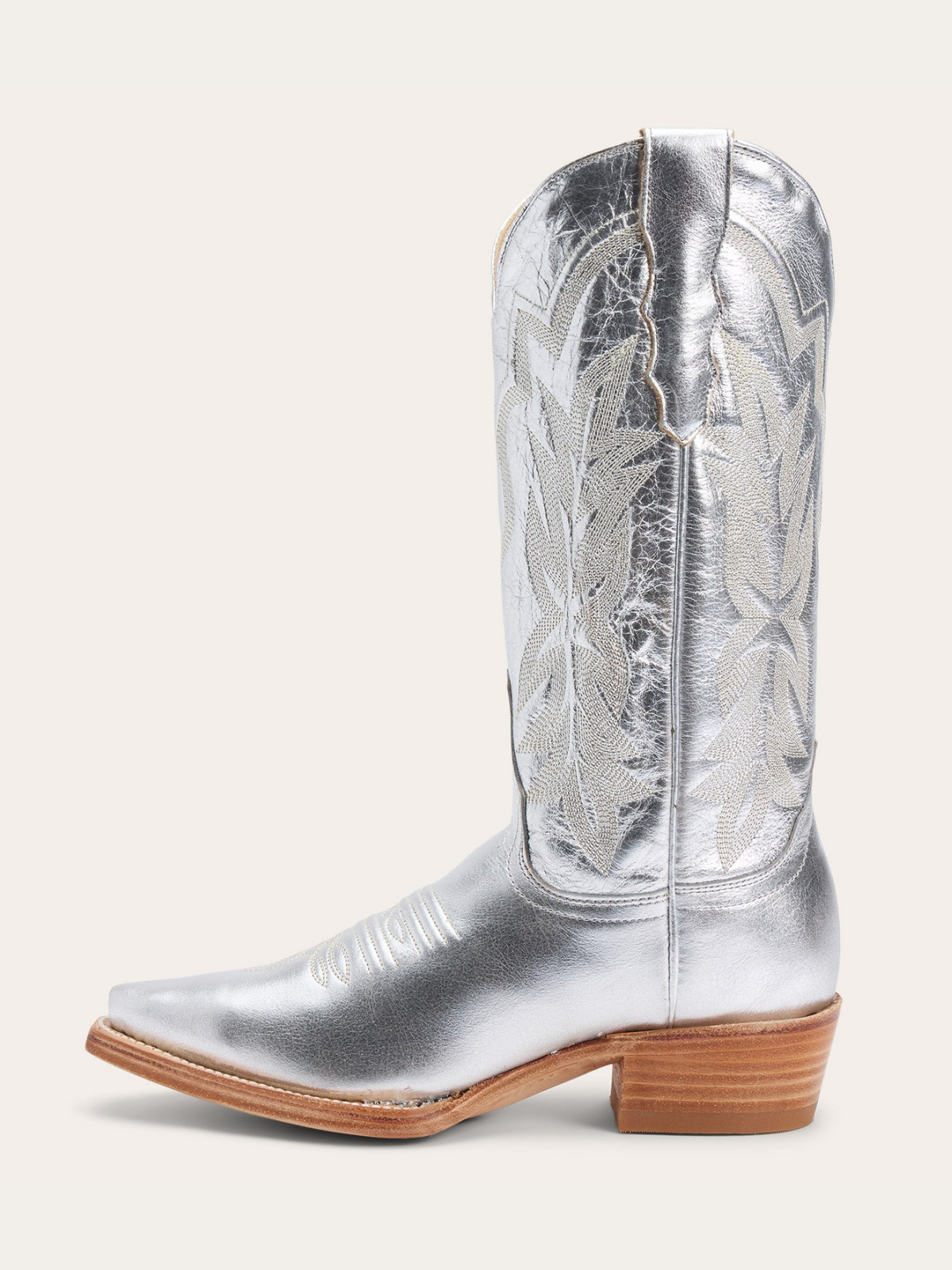 Metallic Silver Snip-Toe Classic Embroidery Wide Mid Calf Cowgirl Boots