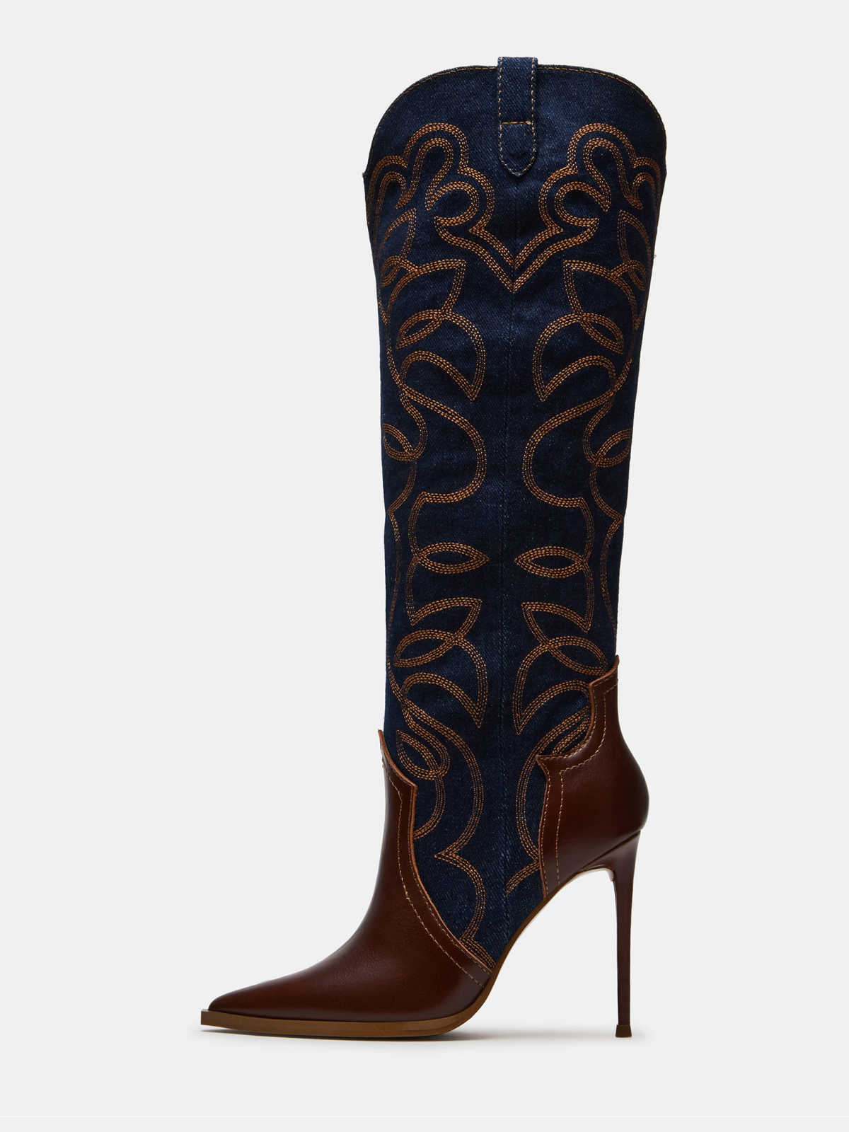 Contrast Brown Vegan Leather And Blue Denim Embroidery Wide Mid Calf Stiletto Boots