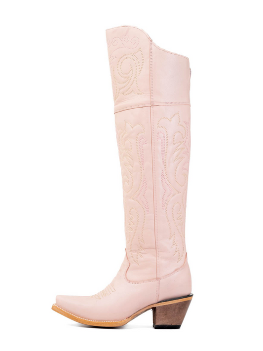 Light Pink Snip-Toe Half-Zip Embroidery Tall Knee High Cowgirl Boots