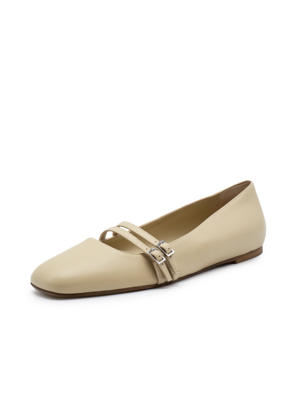 Beige Square Toe Ballet Flats With Double Buckled Strap