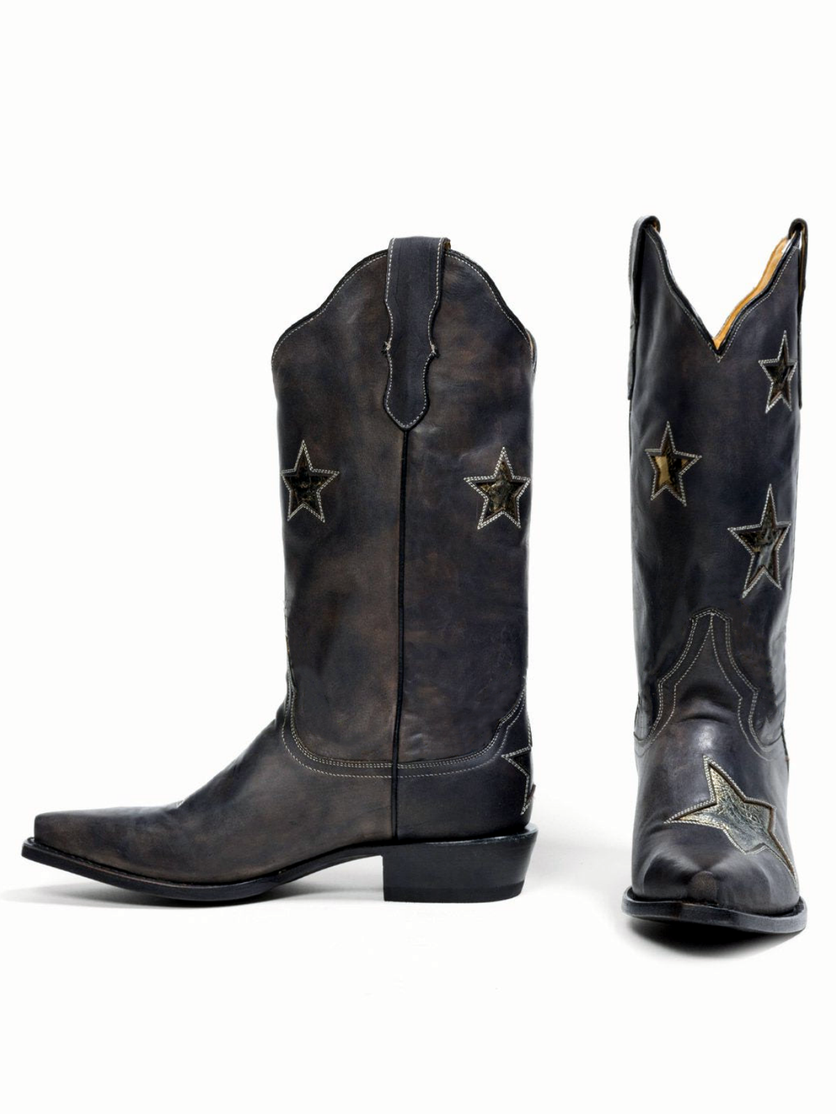 Black Snip-Toe Metallic Star Inlay Wide Mid Calf Cowgirl Boots