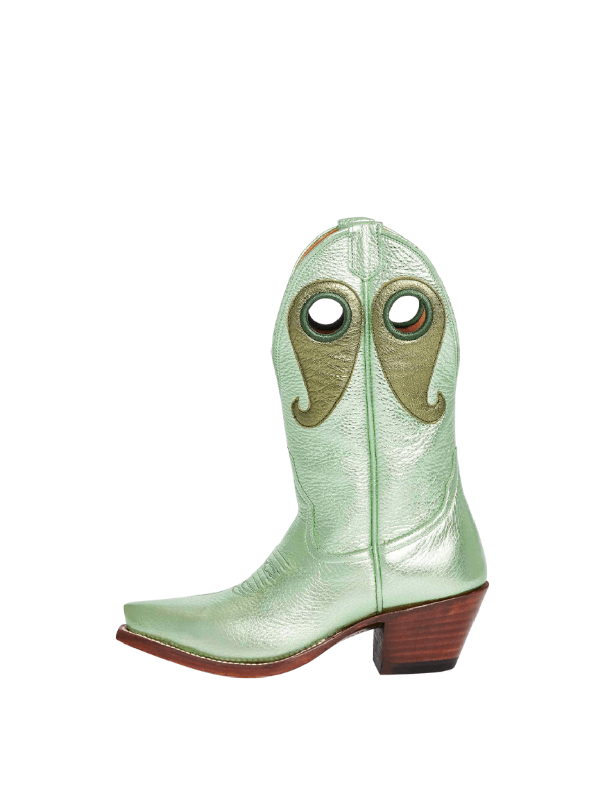 Metallic Green Crinkle Cutout Snip-Toe Wide Mid Calf Cowgirl Boots With Olive Green Paisley