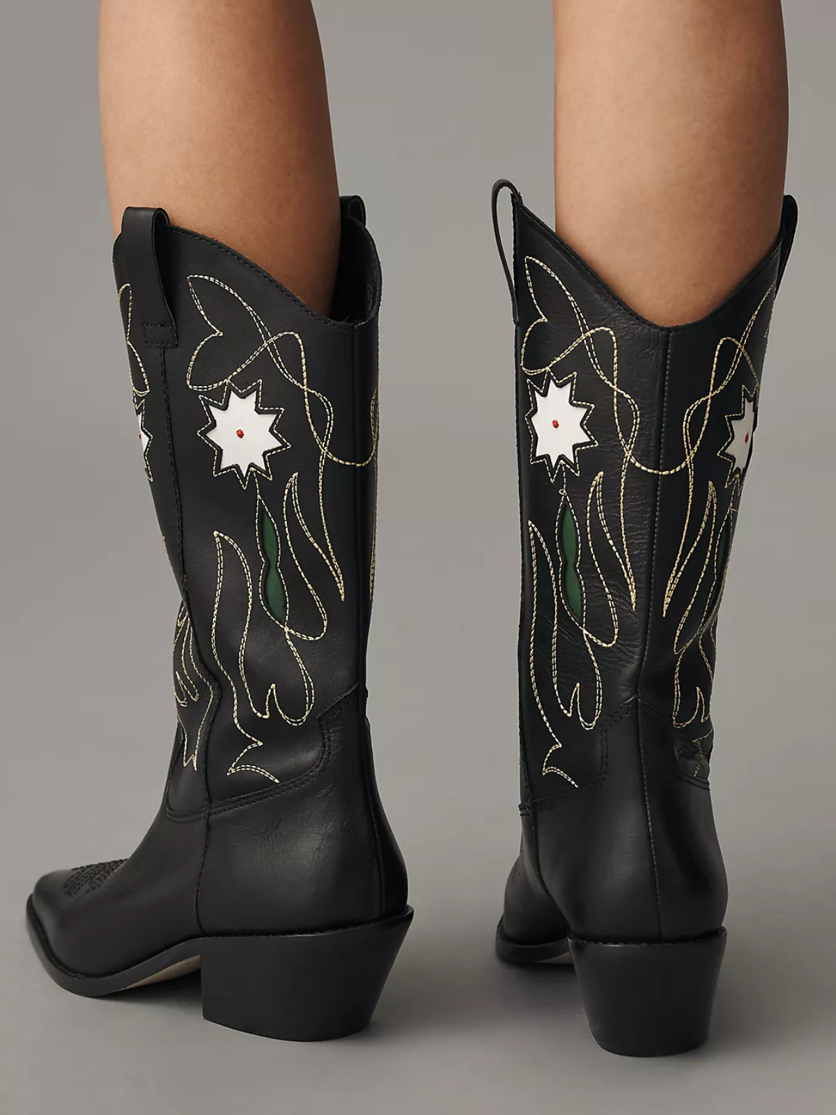 Black Snip-Toe Embroidery Floral Inlay Wide Mid Calf Cowgirl Boots