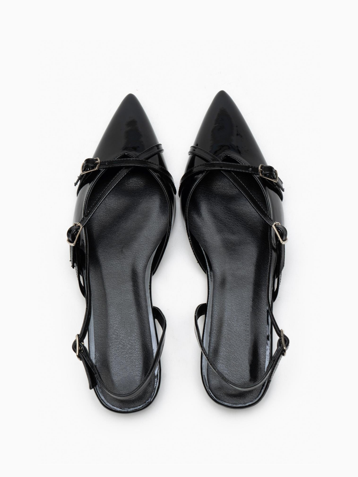 Black Patent Buckled Belt Detail Pointy Ballet Flats Slingbacks