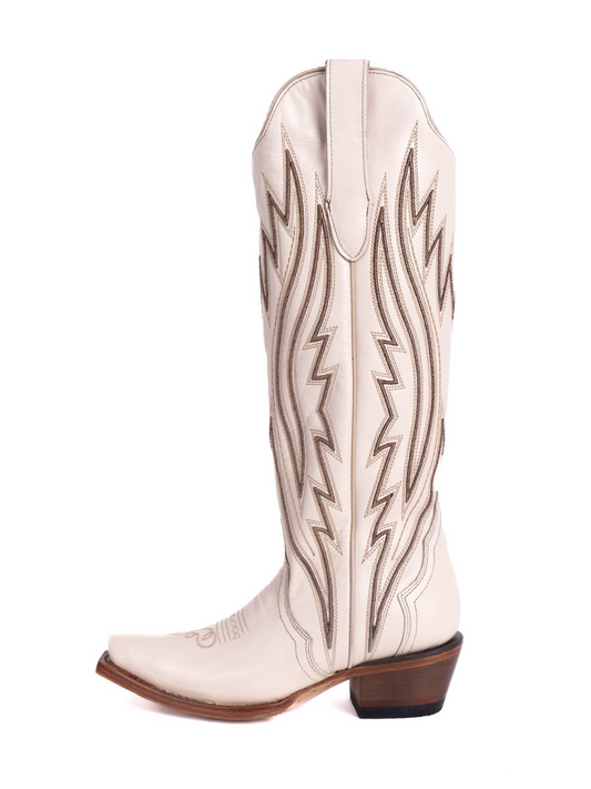 Ivory Embroidery Snip-Toe Knee High Half-Zip Tall Cowgirl Boots