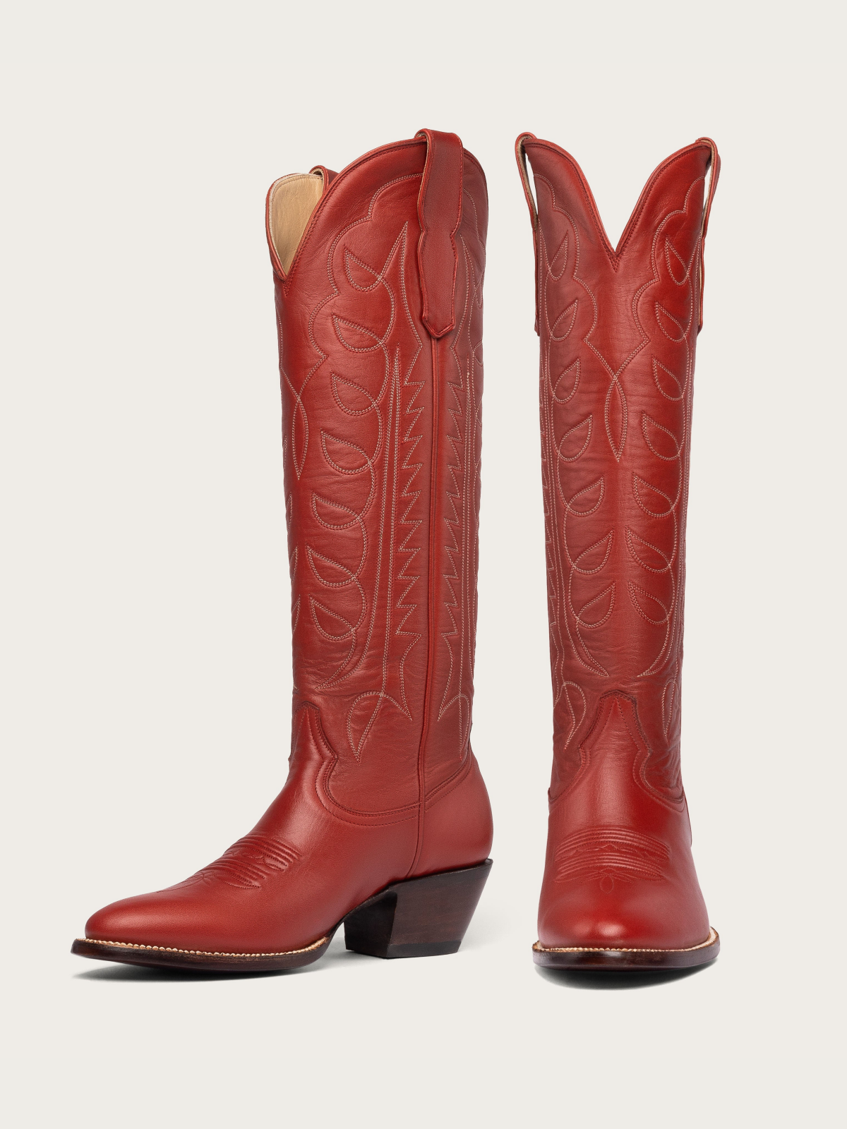 Red Embroidery Almond-Toe Wide Mid Calf Tall Cowboy Boots For Women