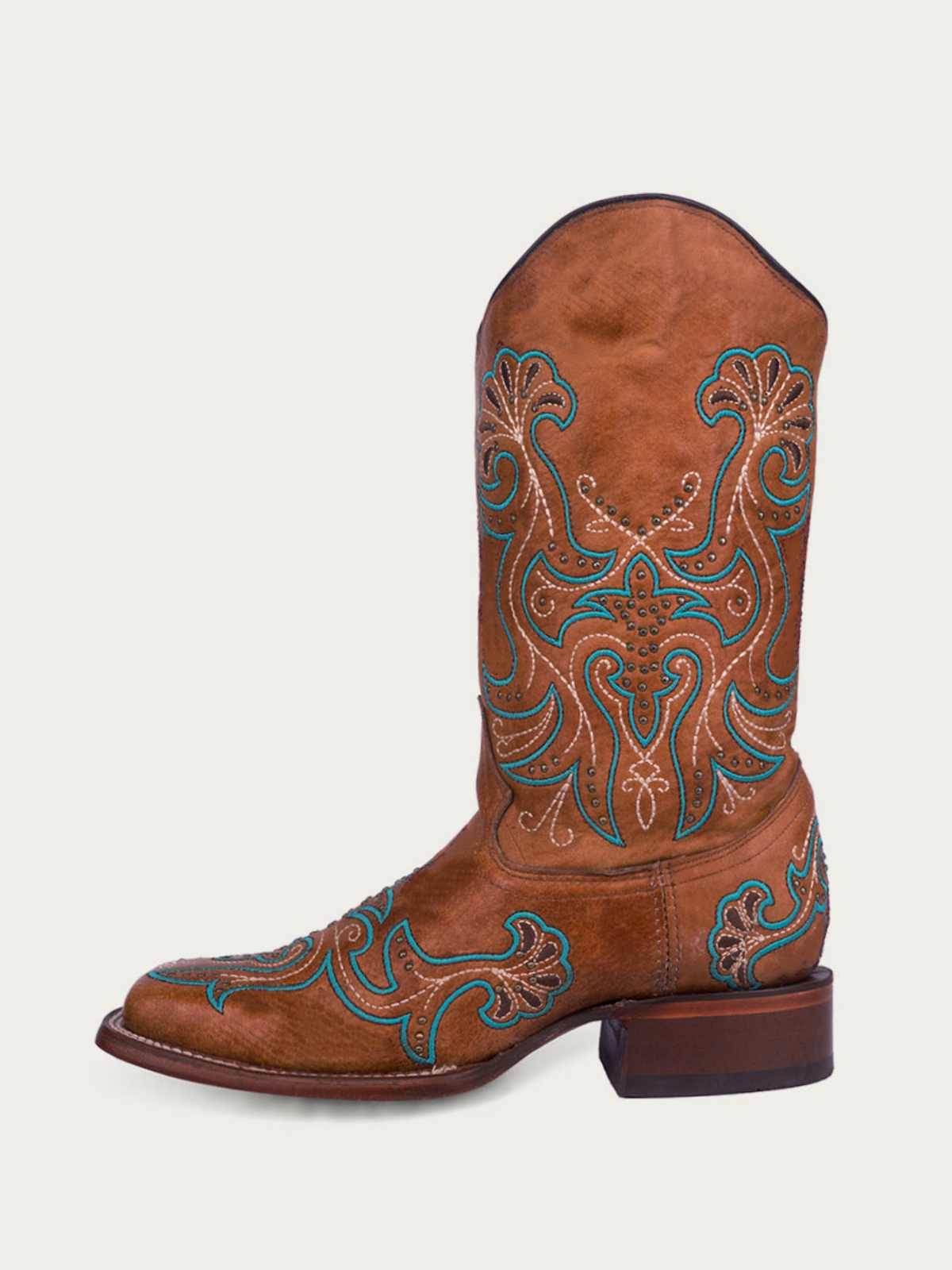 Brown Square-Toe Colorful Embroidery Studded Wide Mid Calf Cowgirl Boots