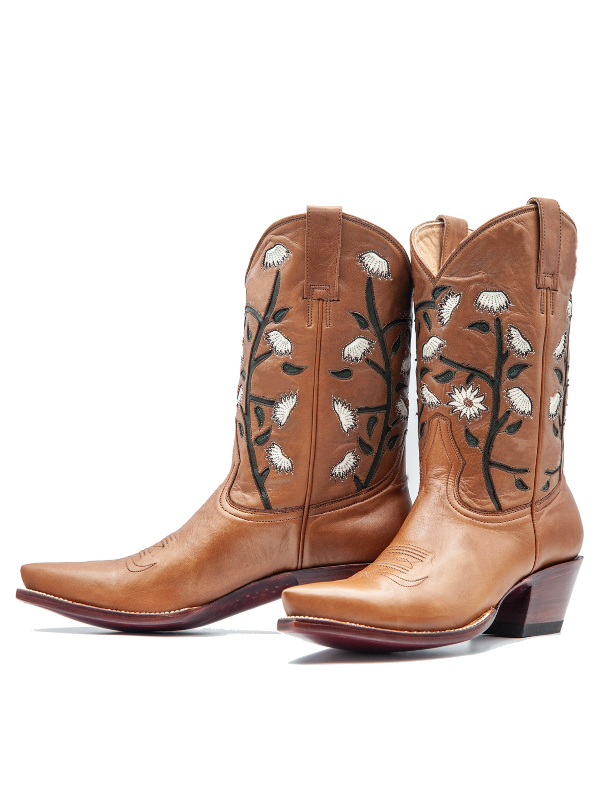 Cognac Snip-Toe Daisy Inlay Wide Mid Calf Cowboy Boots For Women