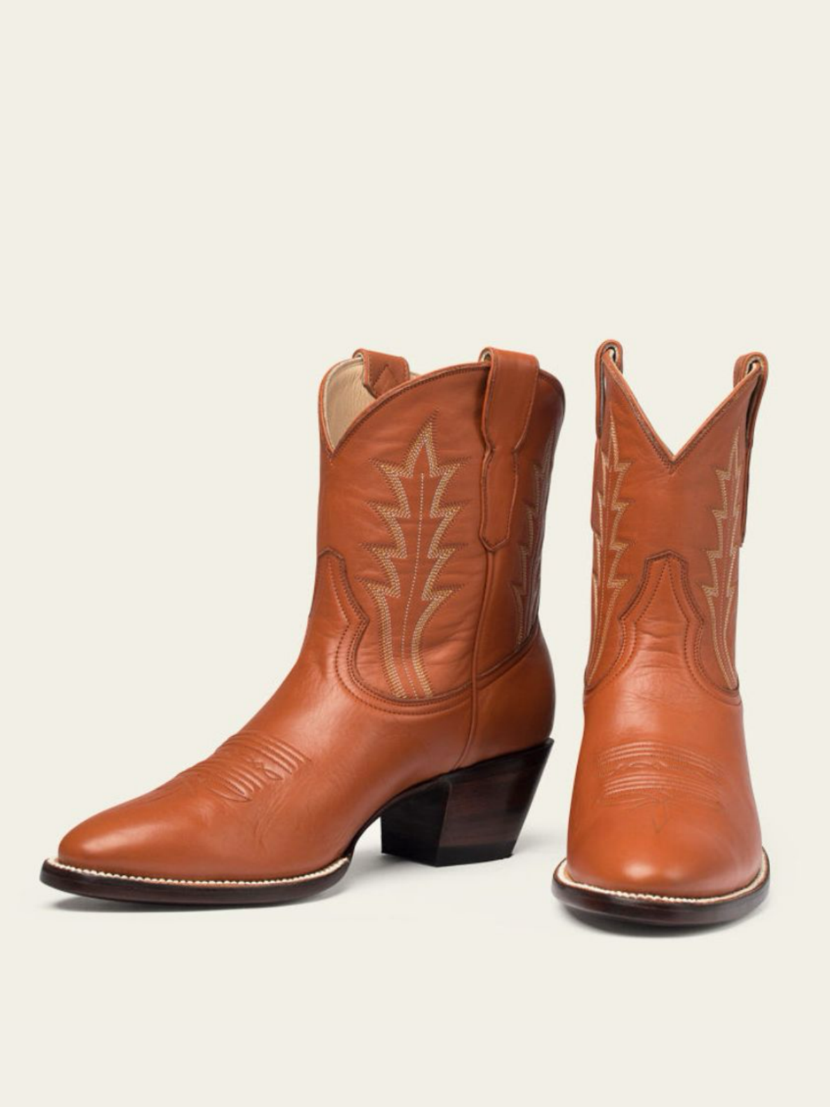 Brown Almond-Toe Embroidery Wide Mid Calf Western Boots For Women