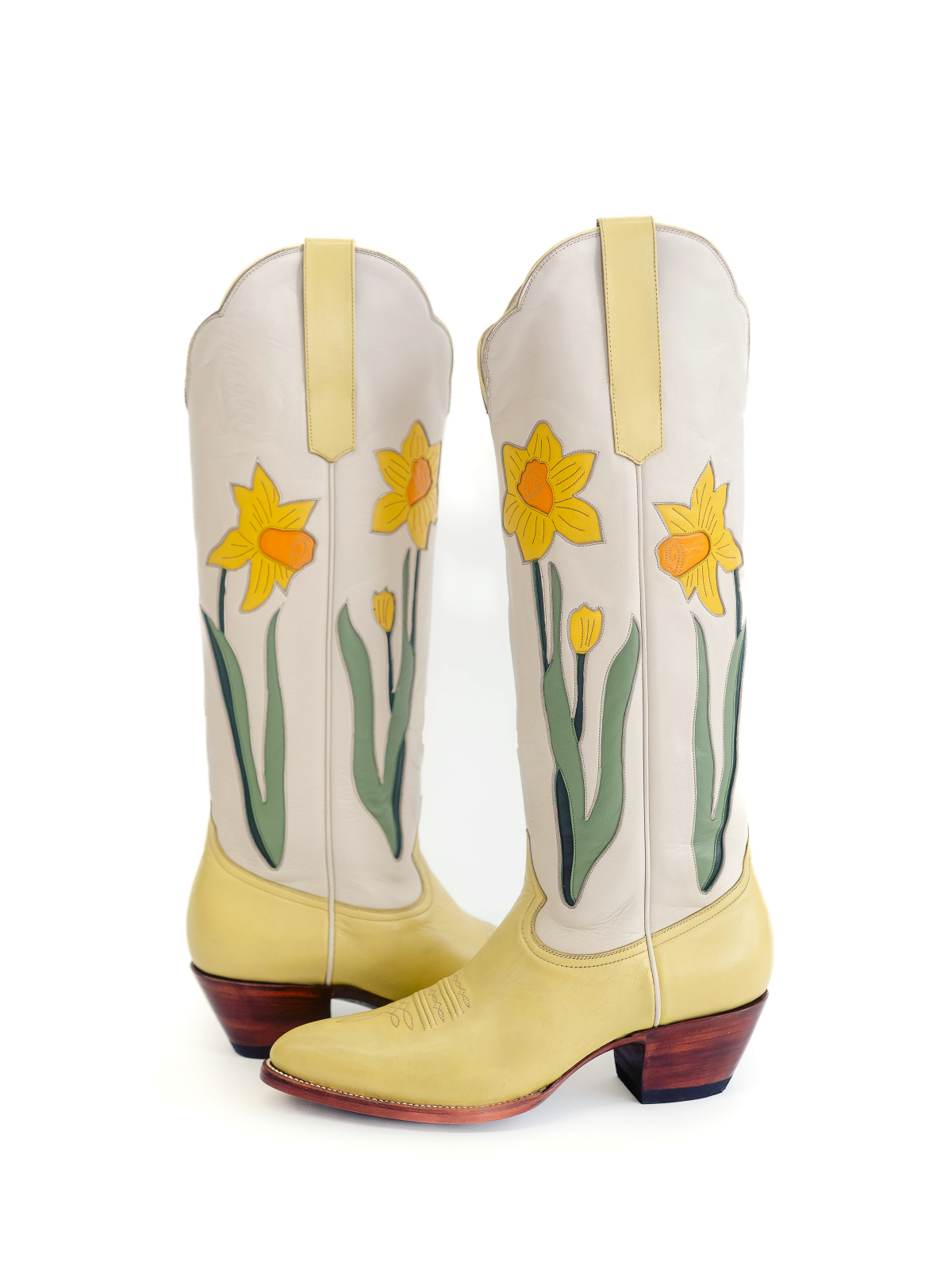 Contrast Yellow And Ivory Almond-Toe Floral And Butterfly Inlay Knee High Tall Cowgirl Boots