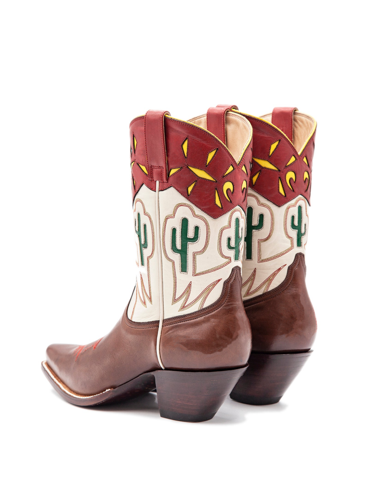 Contrast Tri-Color Cactus Inlay Snip-Toe Wide Mid Calf Cowgirl Boots