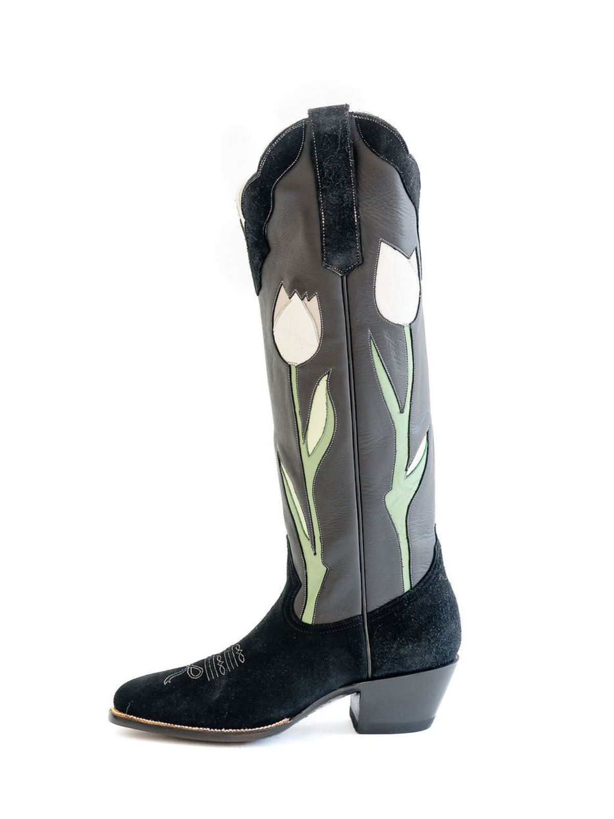 Black Contrast Vegan Leather And Faux Suede Almond-Toe Tulip Inlay Wide Calf Knee High Cowgirl Boots