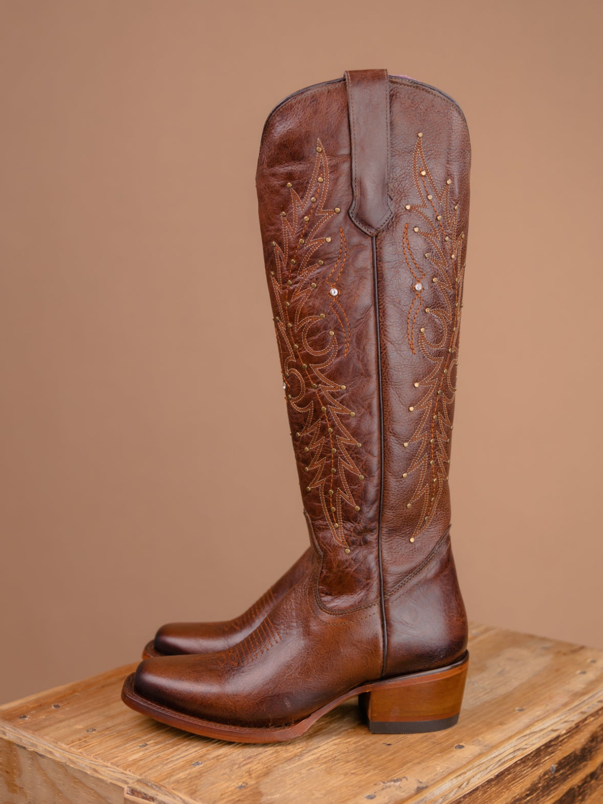 Studded Rhinestone Square-Toe Embroidery Half-Zip Tall Knee High Cowgirl Boots - Maroon