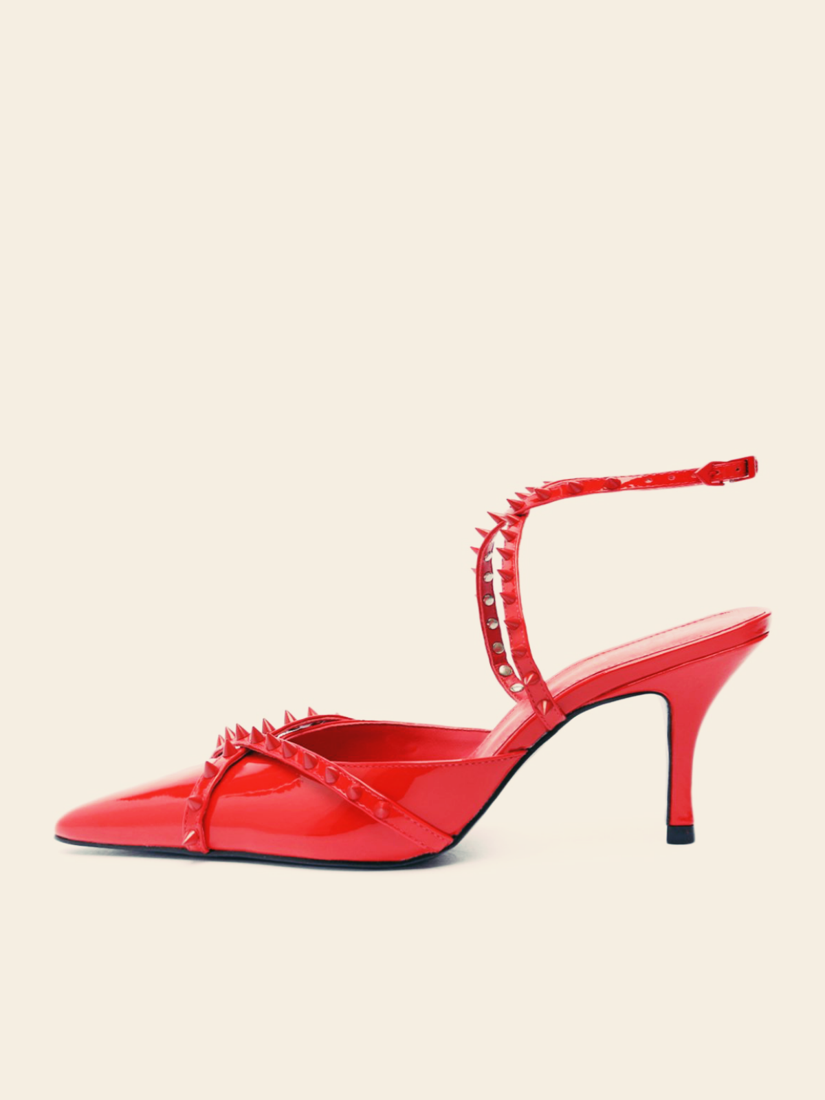 Red Patent Spike Pointy High Heels Pumps With Ankle Wrap Strap