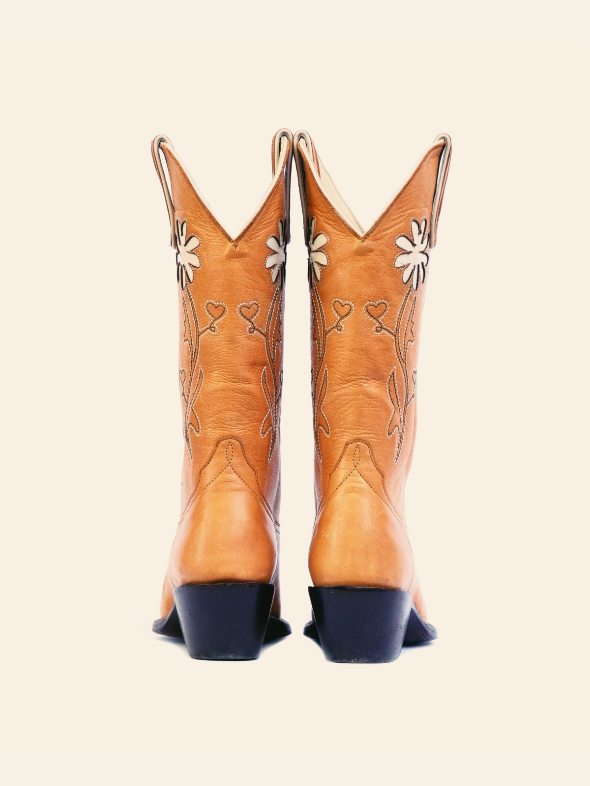 Earth Yellow Almond-Toe Wide Calf Western Cowgirl Boots With White Daisy Flower Inlay