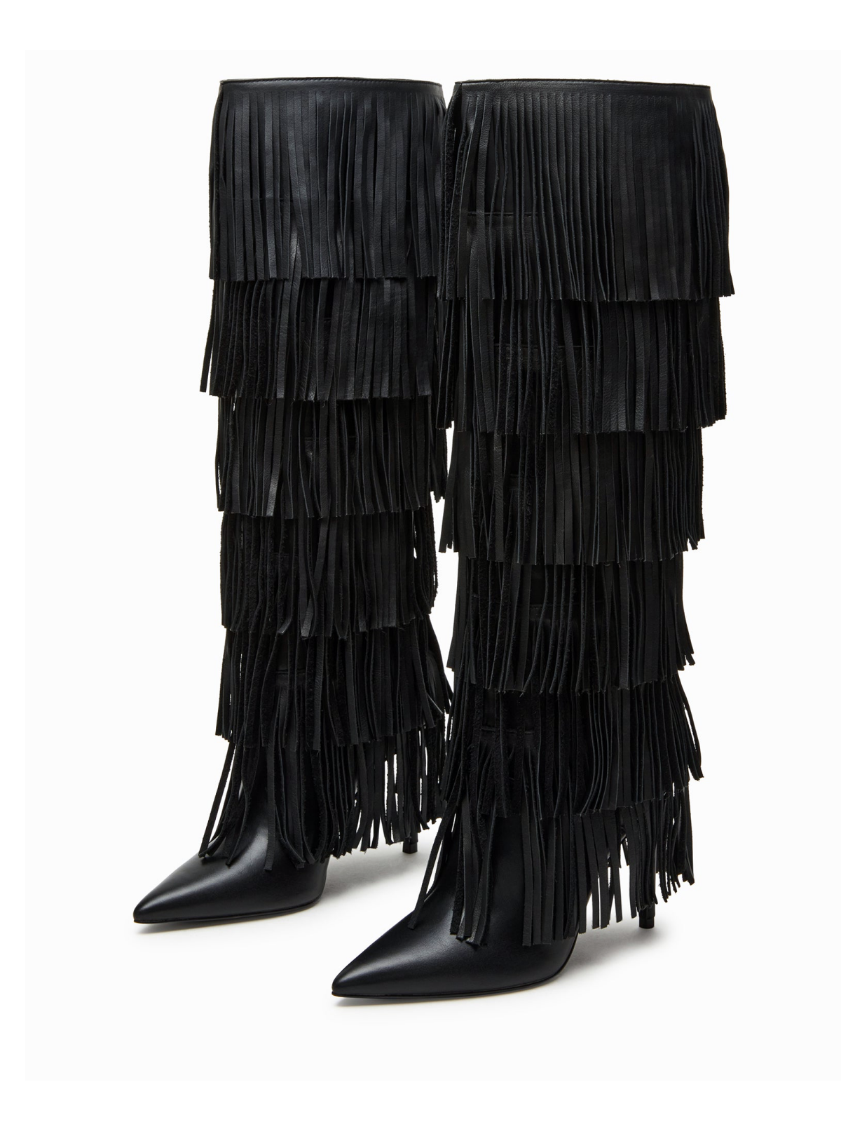 Black Pointed-Toe Fringe Wide Calf Tall Knee High Stiletto Boots