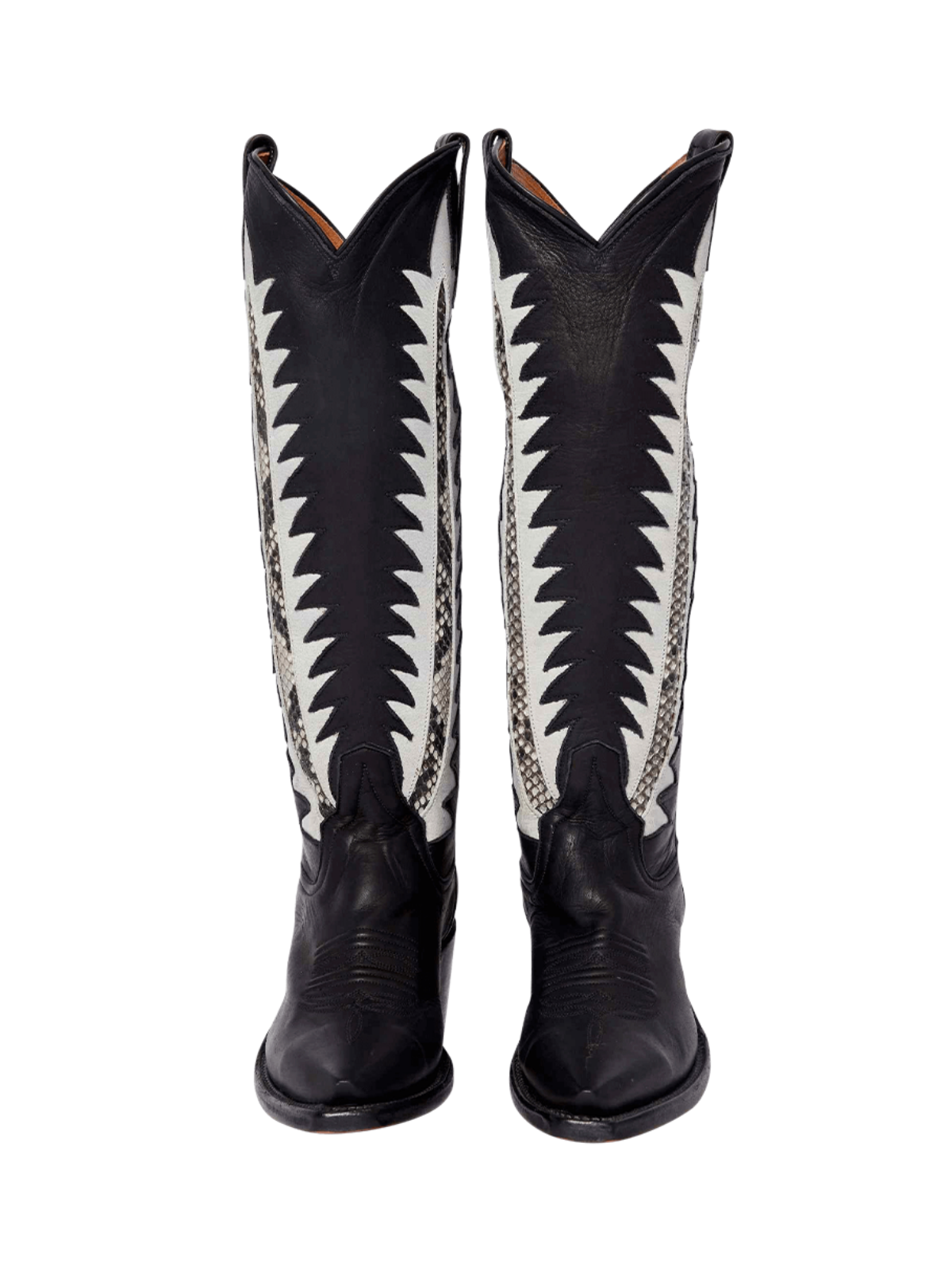 Contrast Black And Snakeskin Vegan Leather Leaf Inlay Wide Calf Tall Knee High Cowgirl Boots