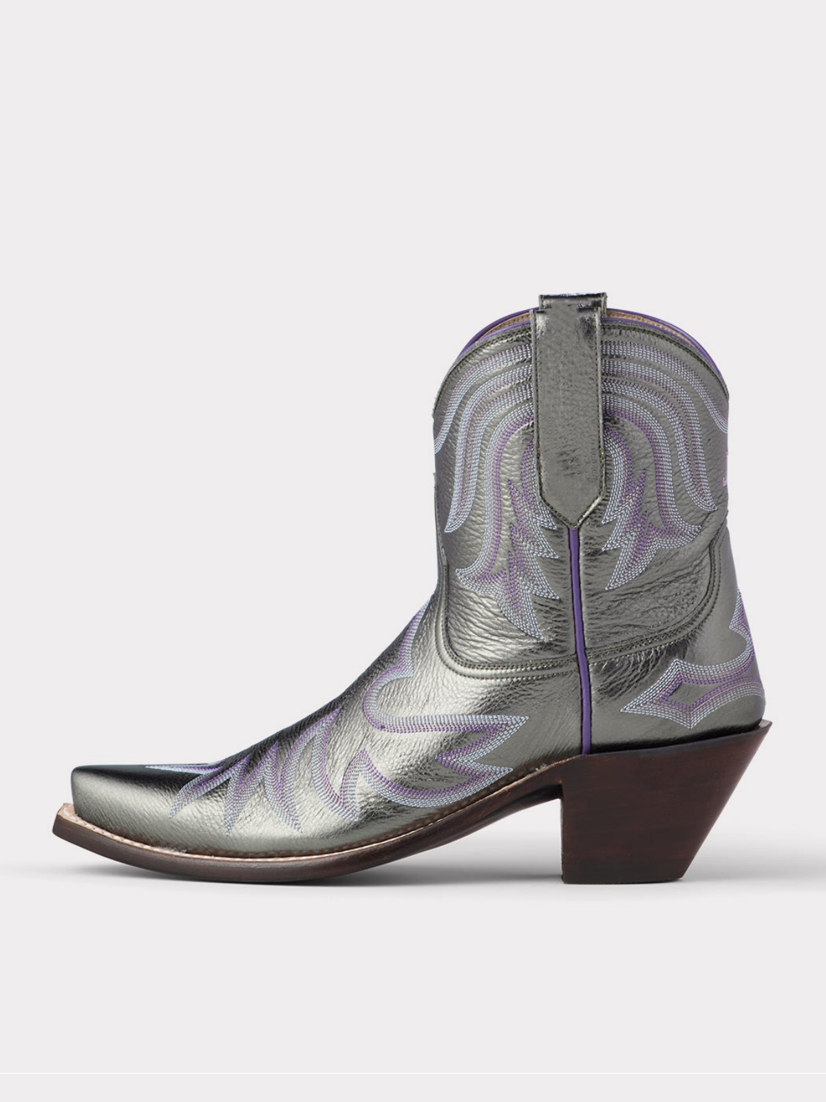 Metallic Pewter Snip-Toe Embroidery Wide Mid Calf Cowgirl Boots