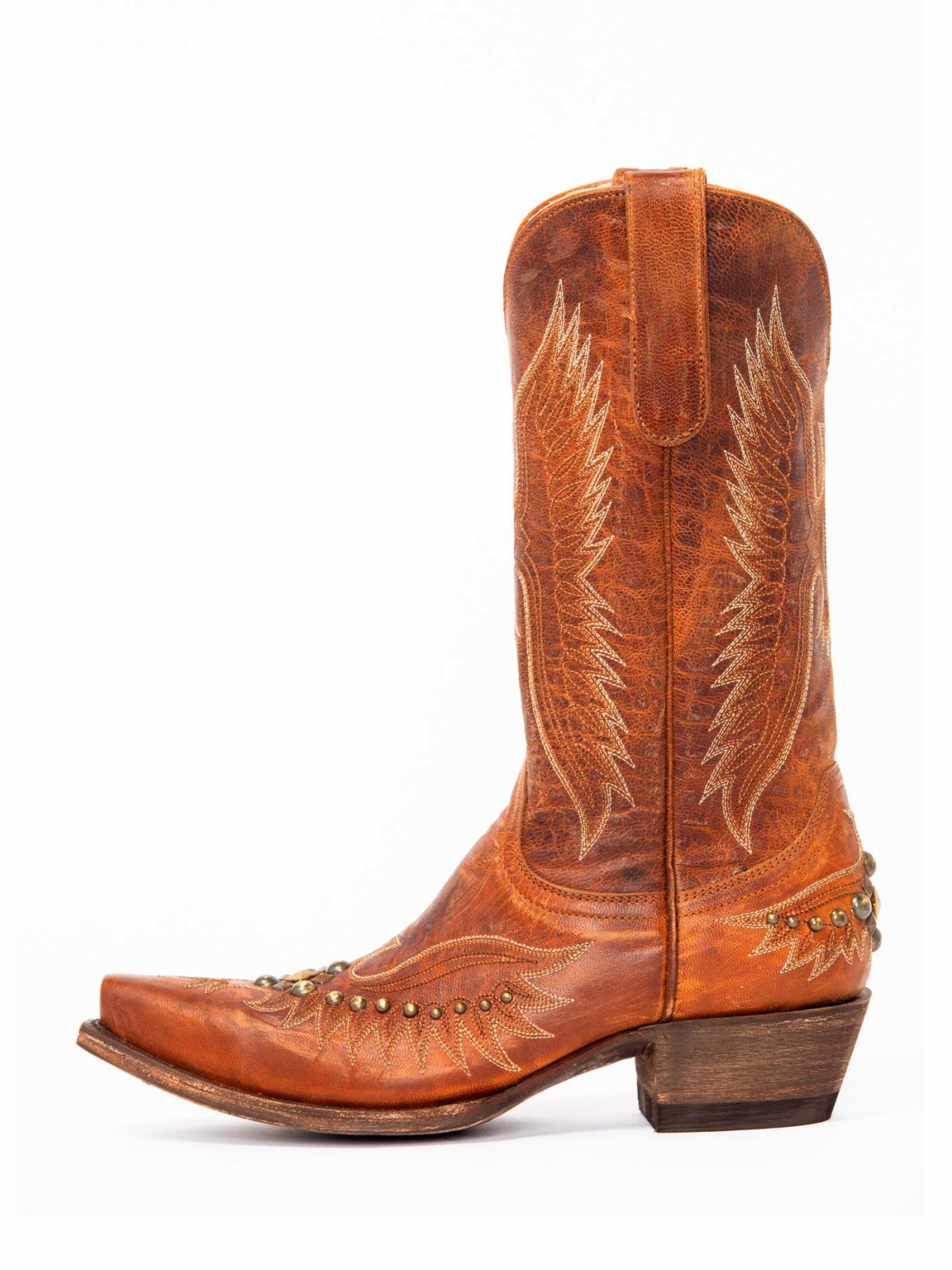 Distressed Brown Snip-Toe Studded Eagle Embroidery Wide Mid Calf Tall Cowgirl Boots