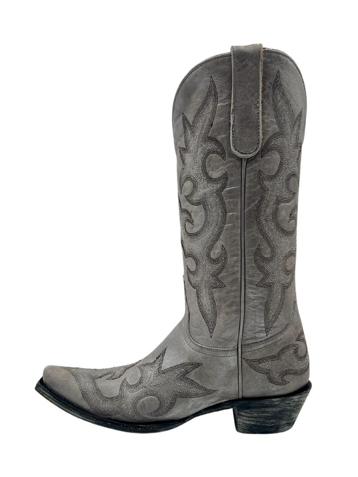 Distressed Silver Snip-Toe Embroidery Classic Wide Mid Calf Cowgirl Boots