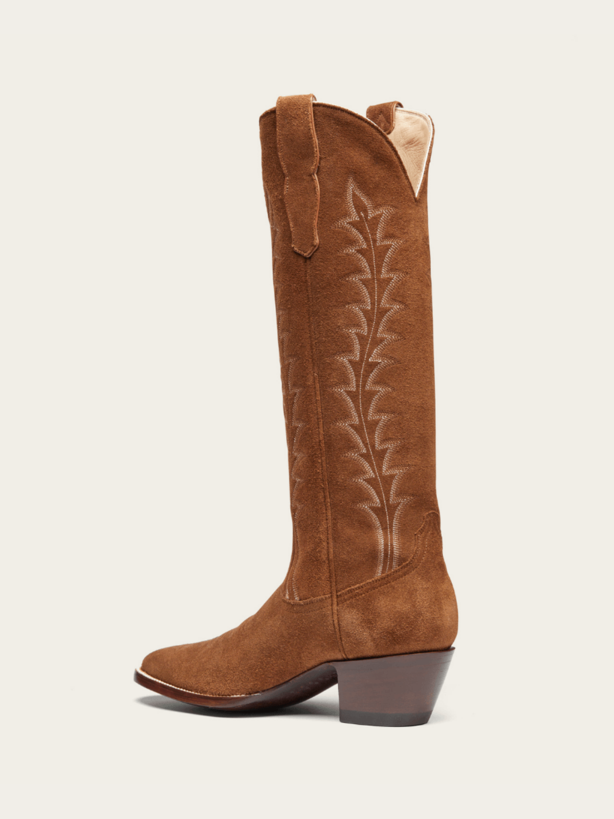 Brown Faux Suede Embroidery Almond-Toe Wide Mid Calf Tall Cowgirl Boots