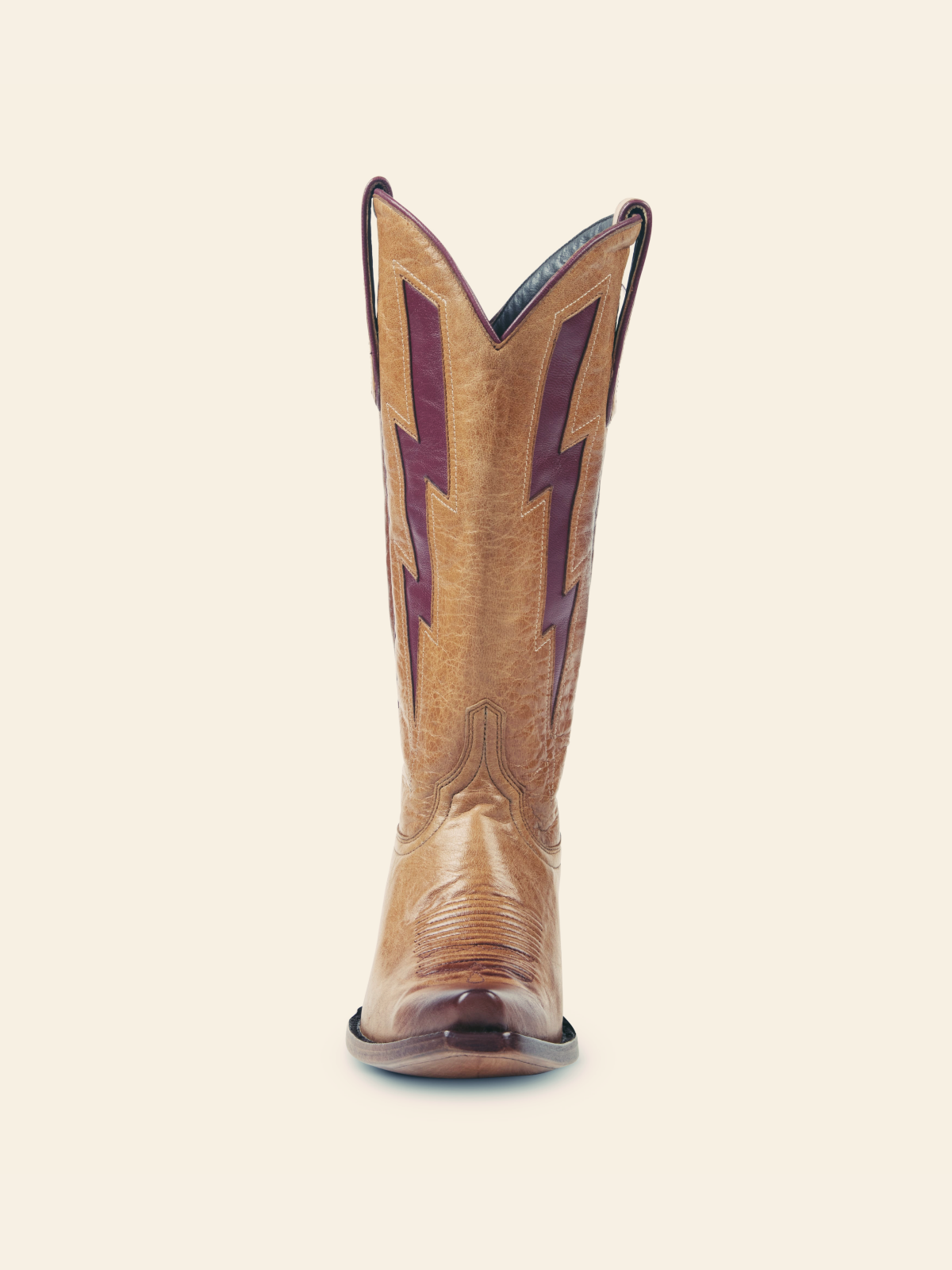 Tan Stitch Snip-Toe Wide Calf Tall Cowgirl Boots With Burgundy Lightning Inlay