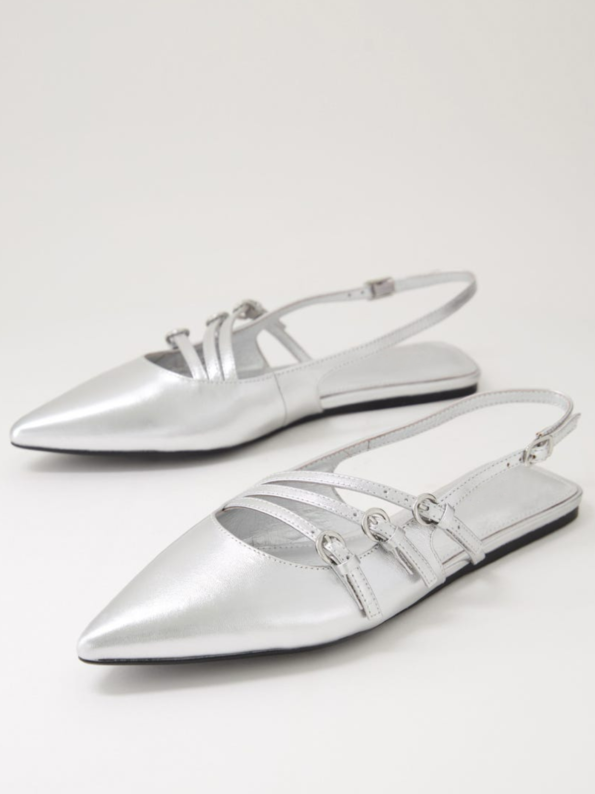 Metallic Silver Pointed-Toe Flats With Buckled Slingback